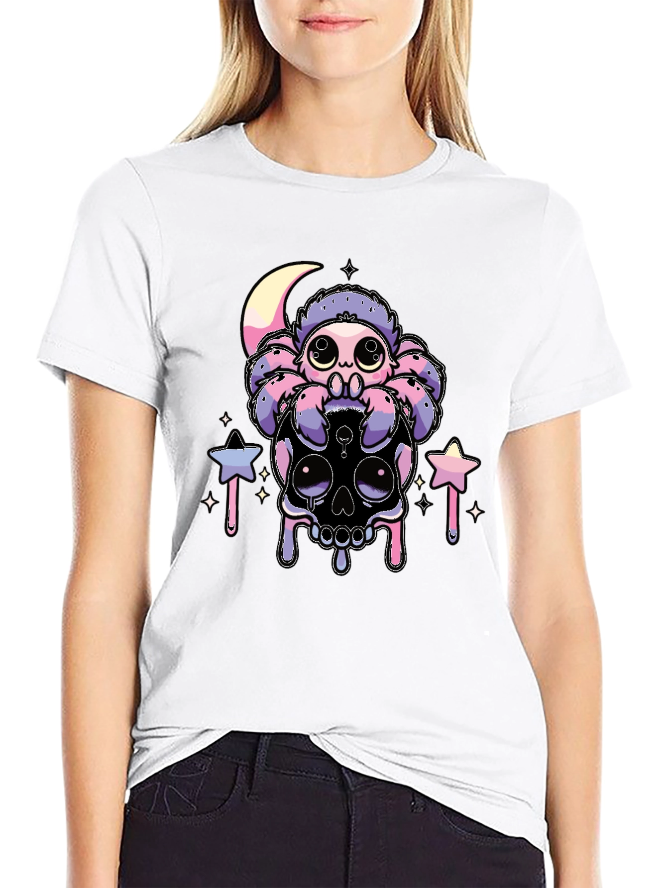 Cute Spider on Skull Graphic T-Shirt - Black