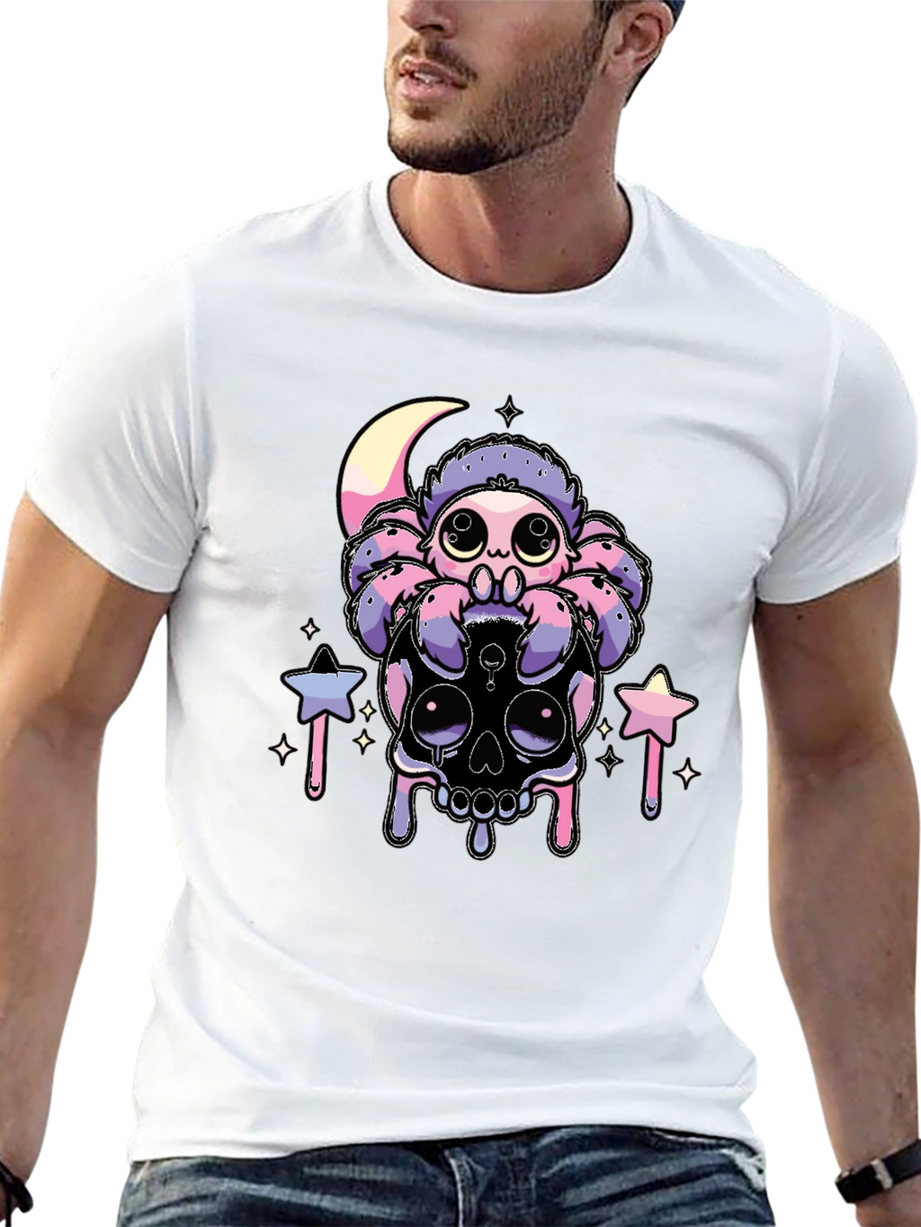 Cute Spider on Skull Graphic T-Shirt - Black