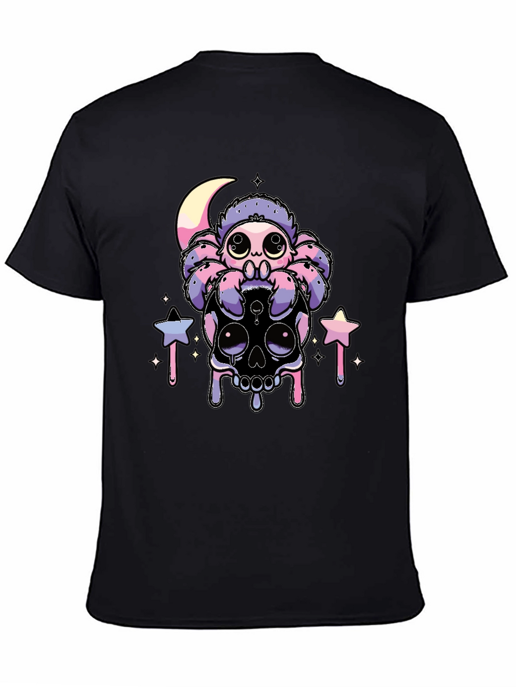 Cute Spider on Skull Graphic T-Shirt - Black