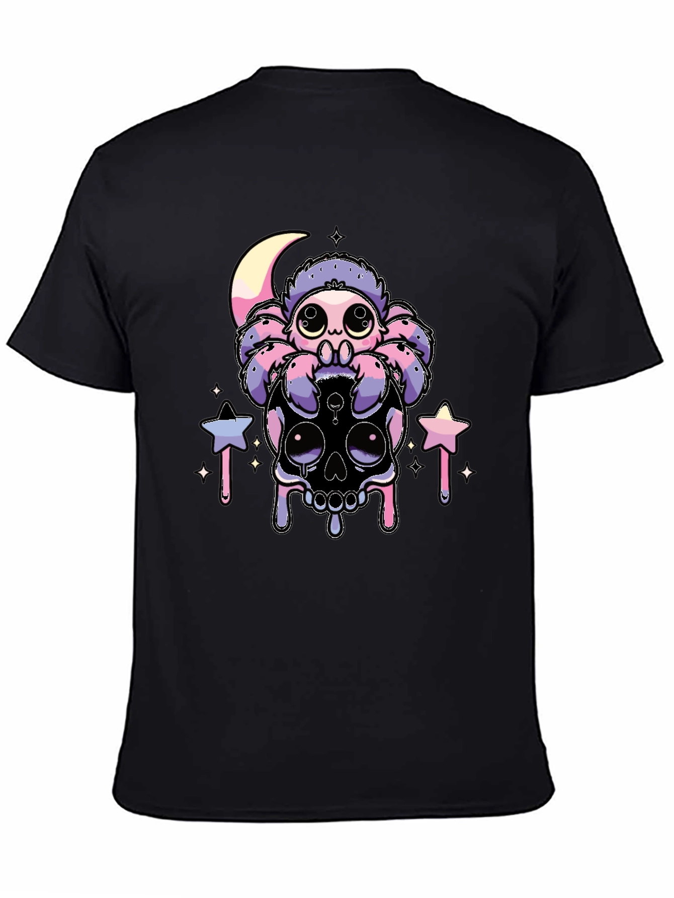 Cute Spider on Skull Graphic T-Shirt - Black