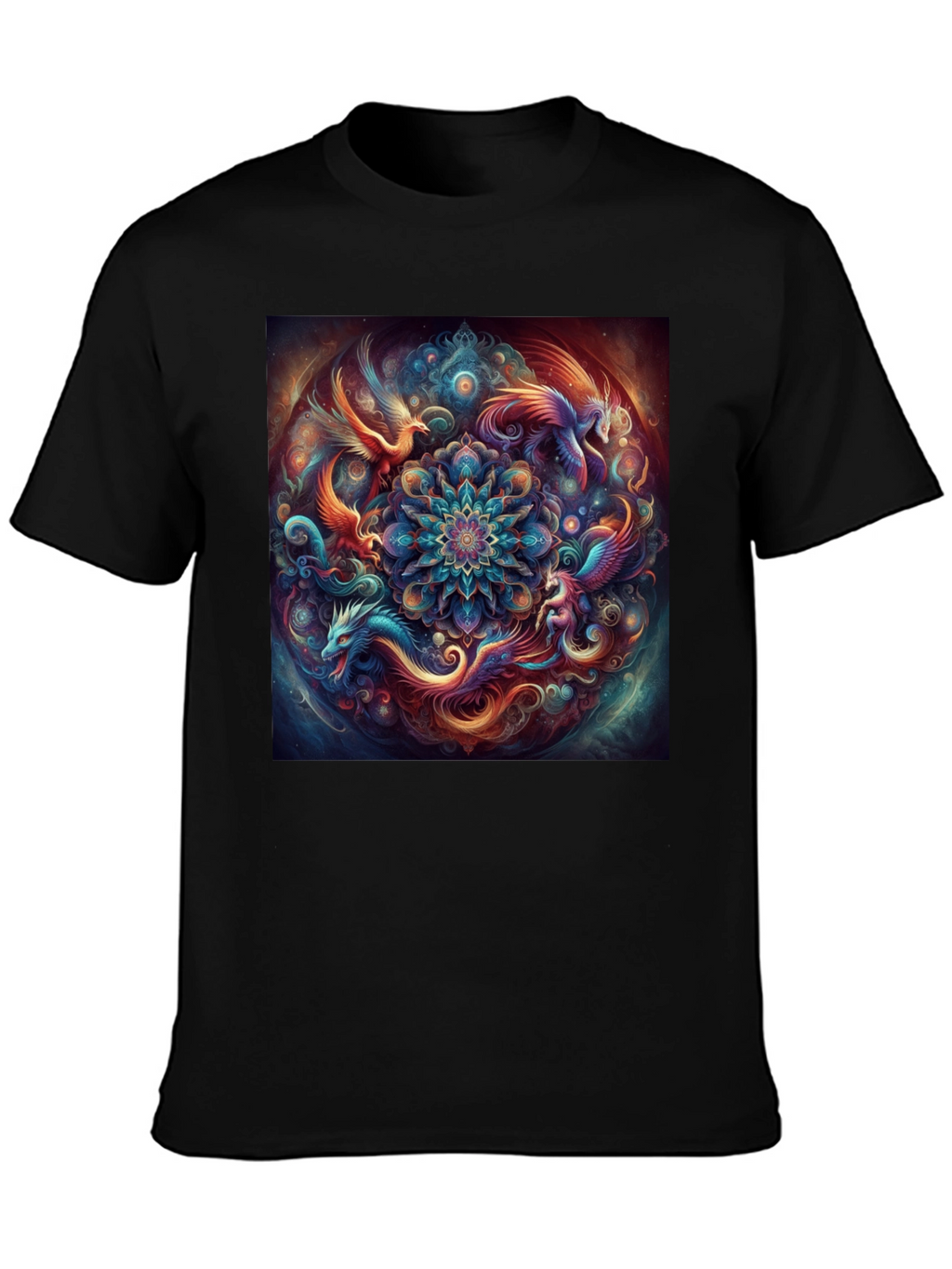 Mystic Phoenix Dragon Mandala Black T-Shirt
