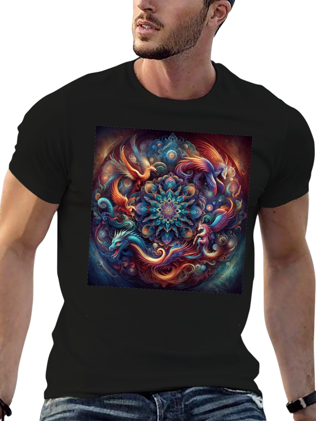 Mystic Phoenix Dragon Mandala Black T-Shirt
