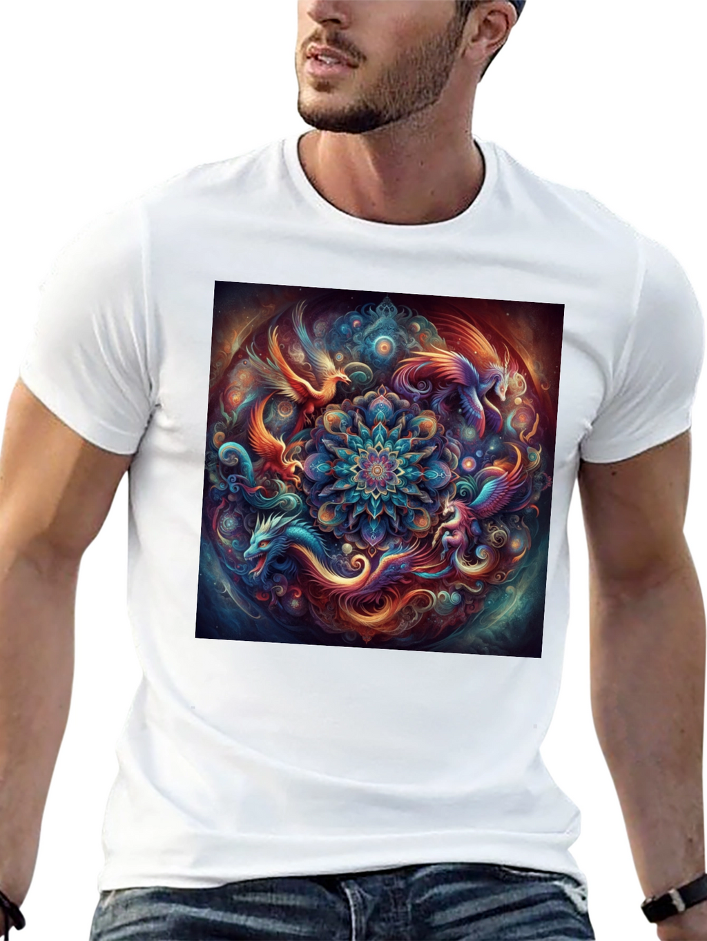 Mystic Phoenix Dragon Mandala Black T-Shirt