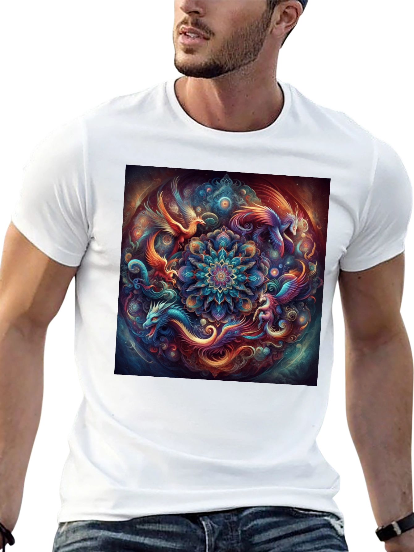Mystic Phoenix Dragon Mandala Black T-Shirt