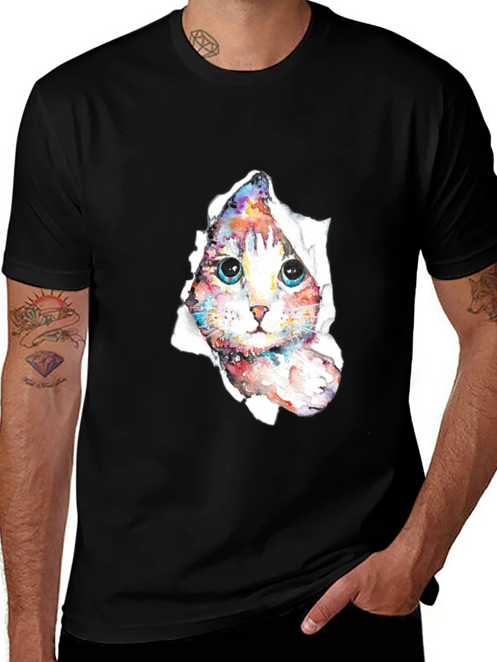 Cat Peeking Through Torn Paper T-Shirt