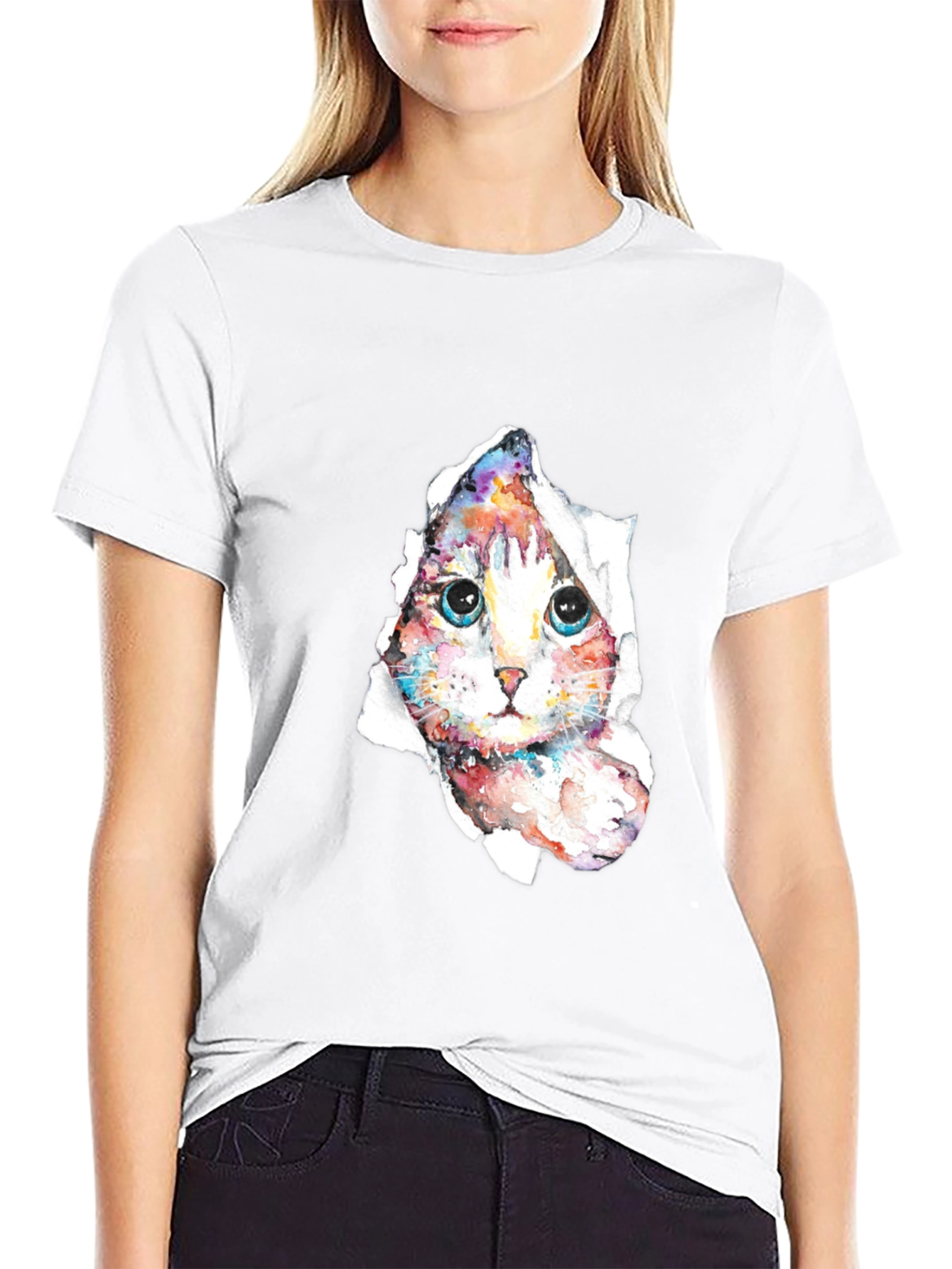 Cat Peeking Through Torn Paper T-Shirt