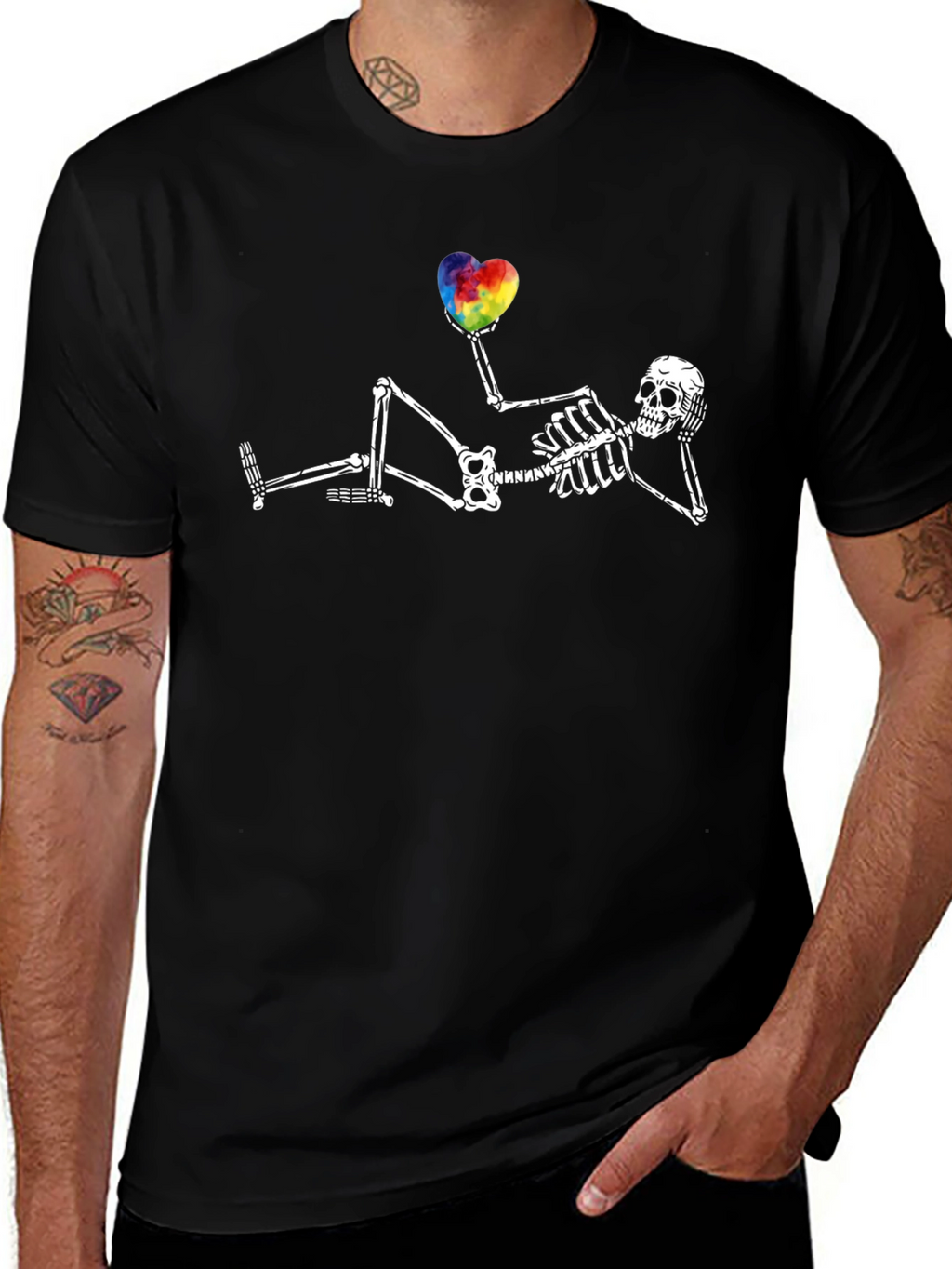 Skeleton Rainbow Heart Graphic T-Shirt