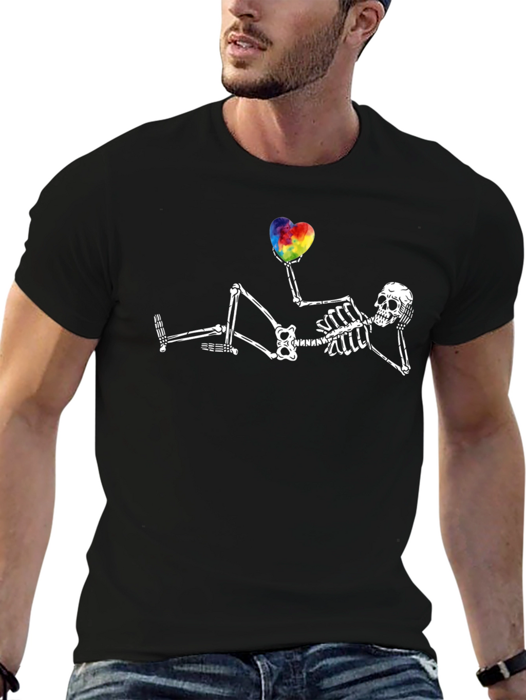 Skeleton Rainbow Heart Graphic T-Shirt