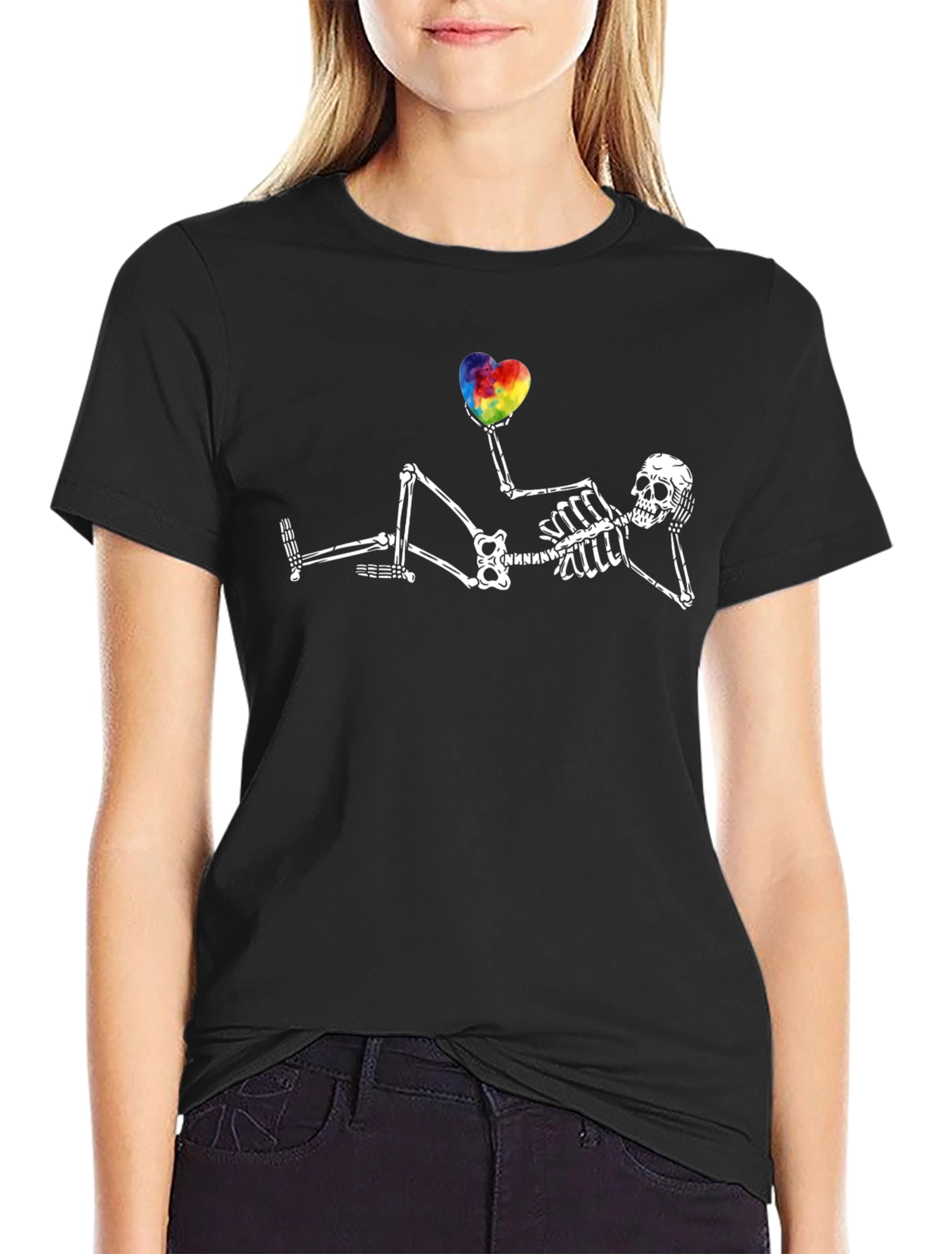 Skeleton Rainbow Heart Graphic T-Shirt