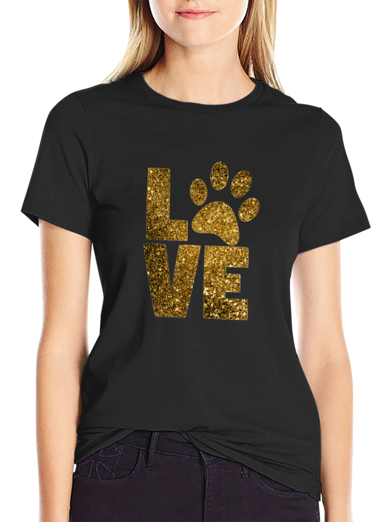 Love Paw Print Glitter Graphic T-Shirt