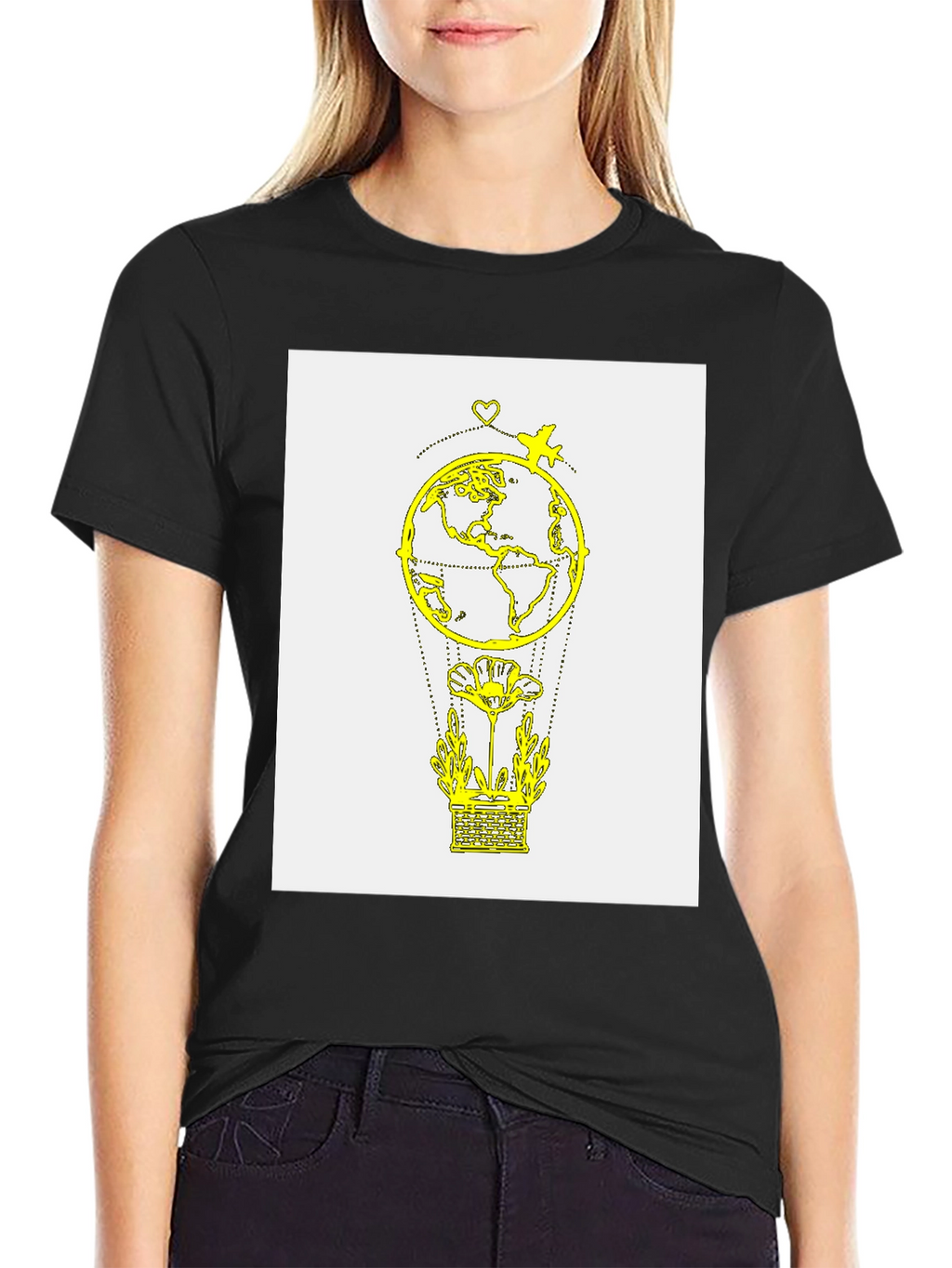 Globe & Airplane Graphic Tee - Black Cotton T-Shirt