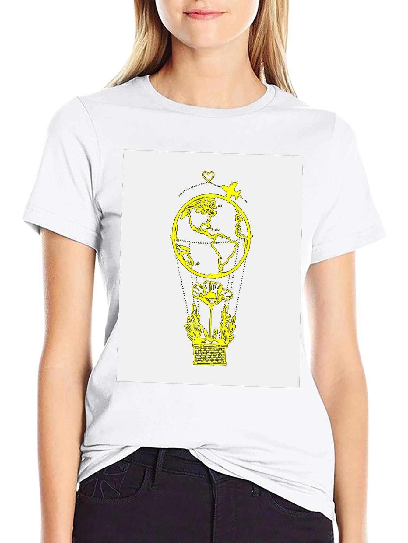 Globe & Airplane Graphic Tee - Black Cotton T-Shirt