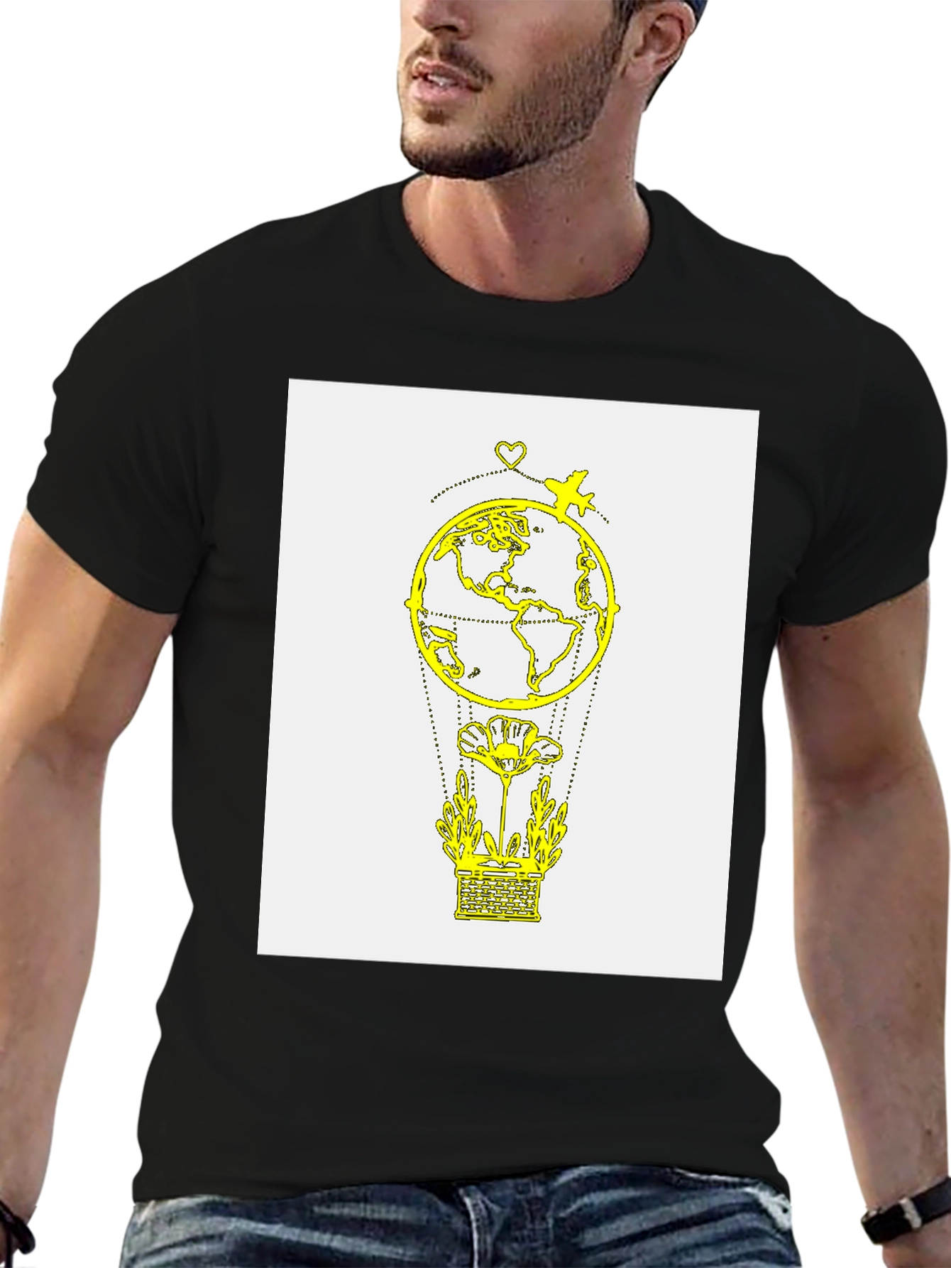 Globe & Airplane Graphic Tee - Black Cotton T-Shirt