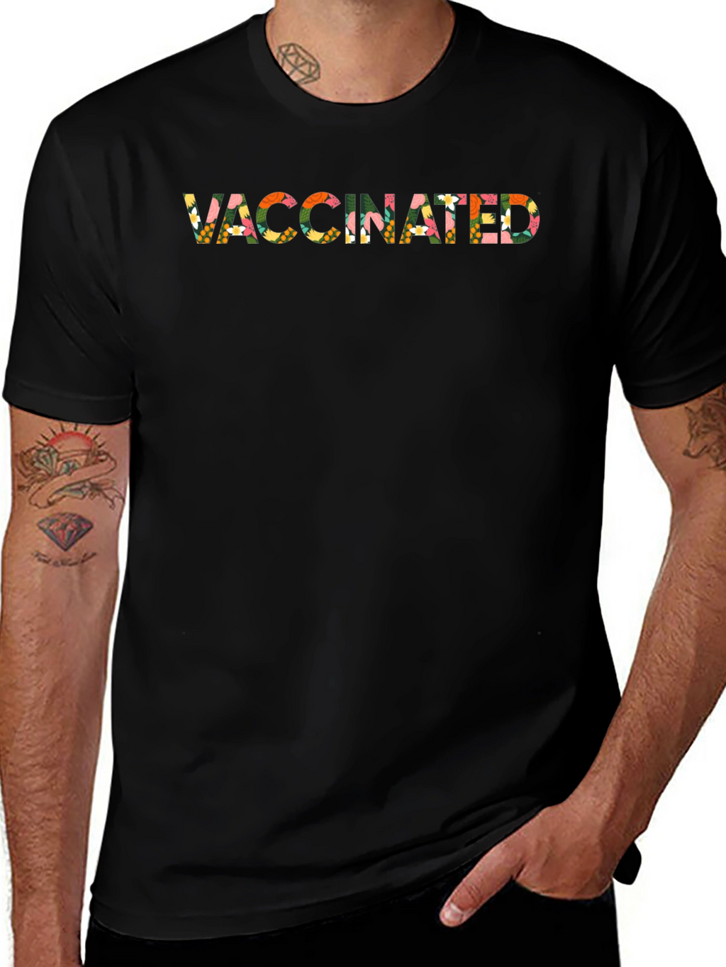 Vaccinated Floral Pattern Black T-Shirt