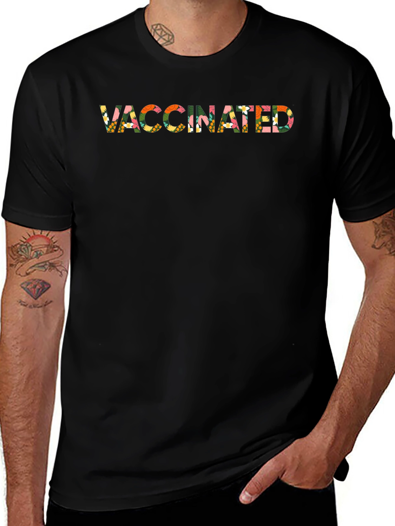 Vaccinated Floral Pattern Black T-Shirt