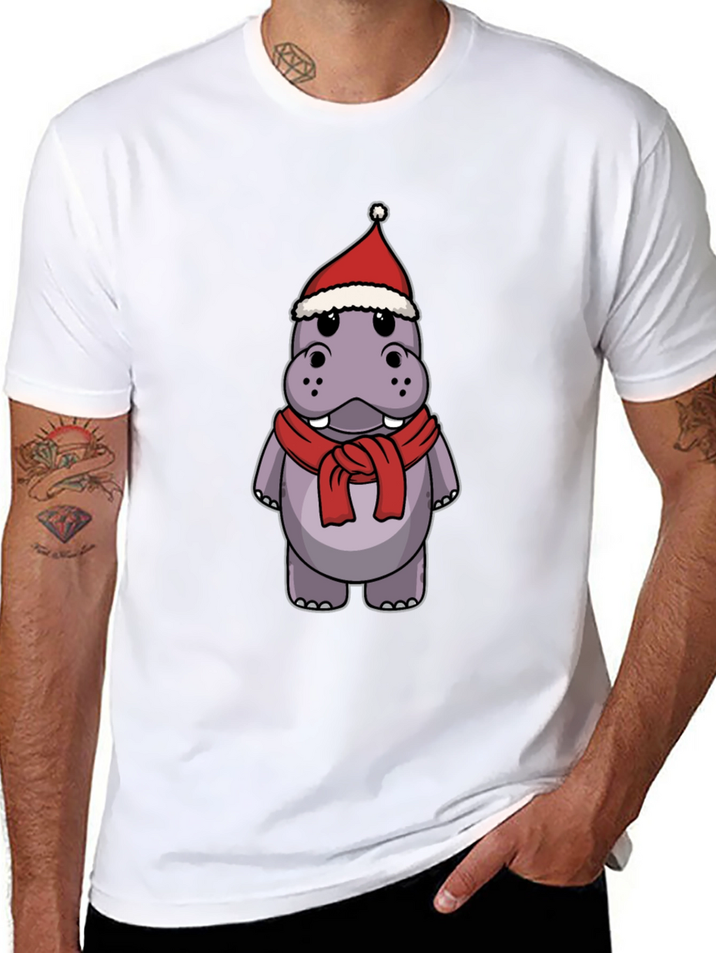 Festive Hippo T-Shirt - Holiday Cartoon Tee