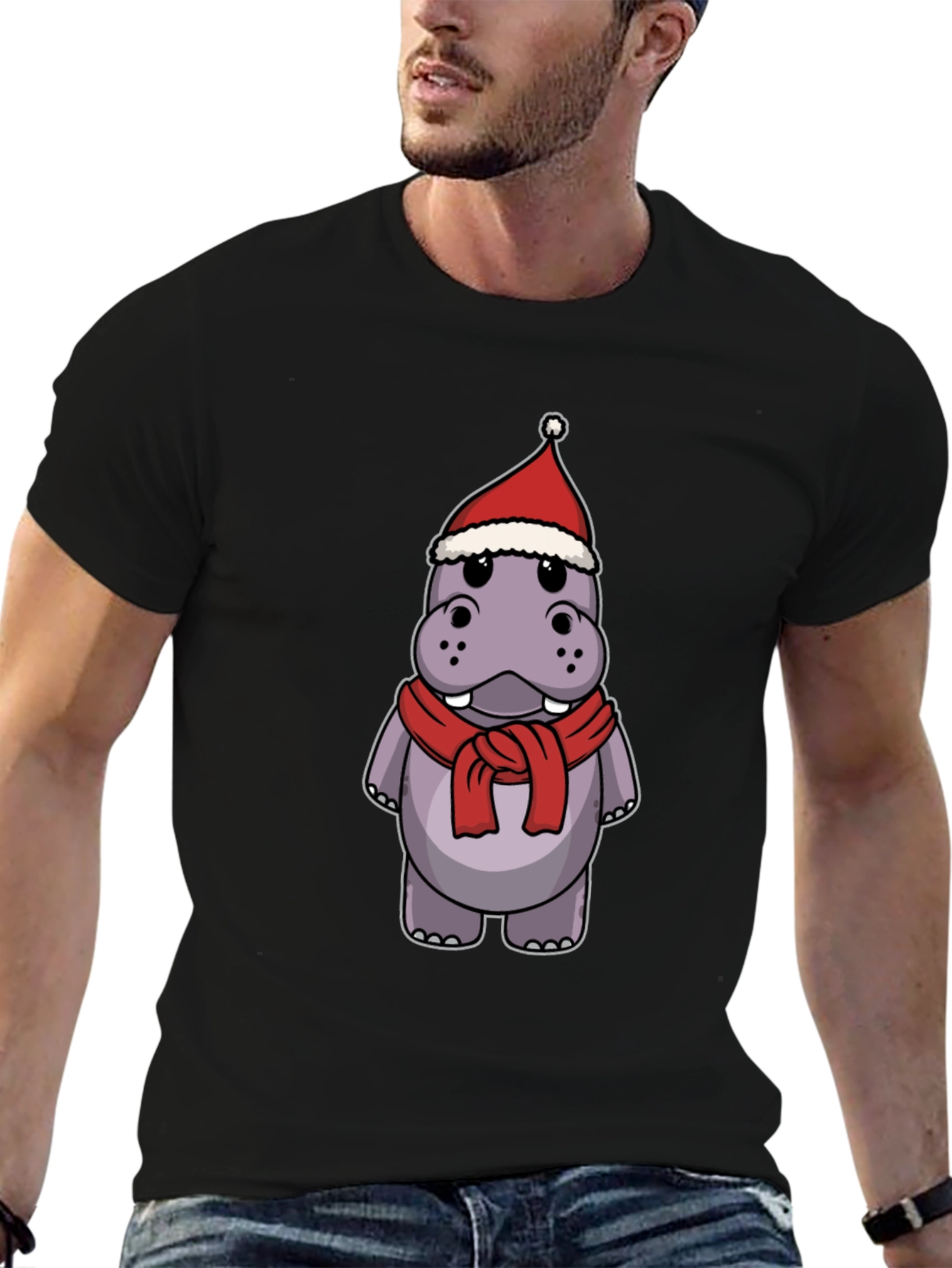 Festive Hippo T-Shirt - Holiday Cartoon Tee