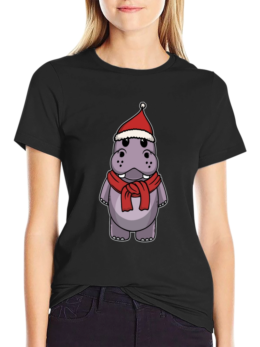 Festive Hippo T-Shirt - Holiday Cartoon Tee