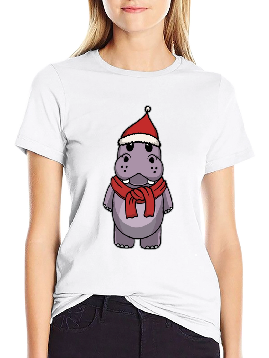 Festive Hippo T-Shirt - Holiday Cartoon Tee