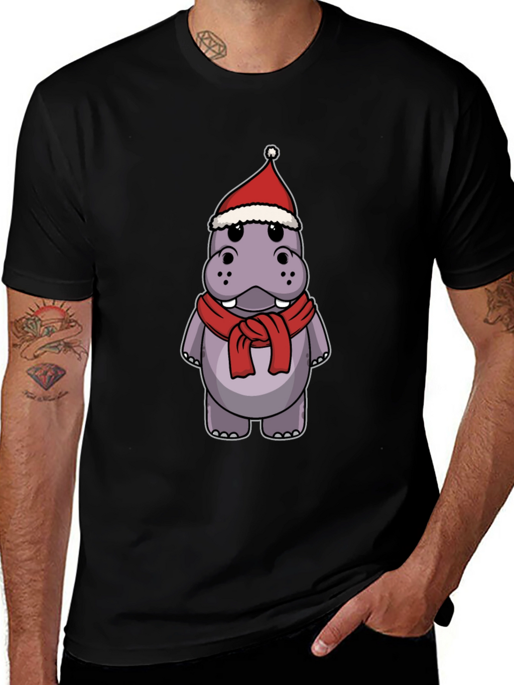 Festive Hippo T-Shirt - Holiday Cartoon Tee