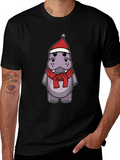 Festive Hippo T-Shirt - Holiday Cartoon Tee