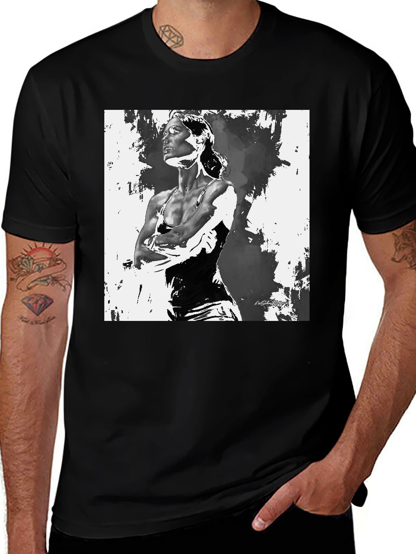 Black T-Shirt with Artistic Woman Graphic