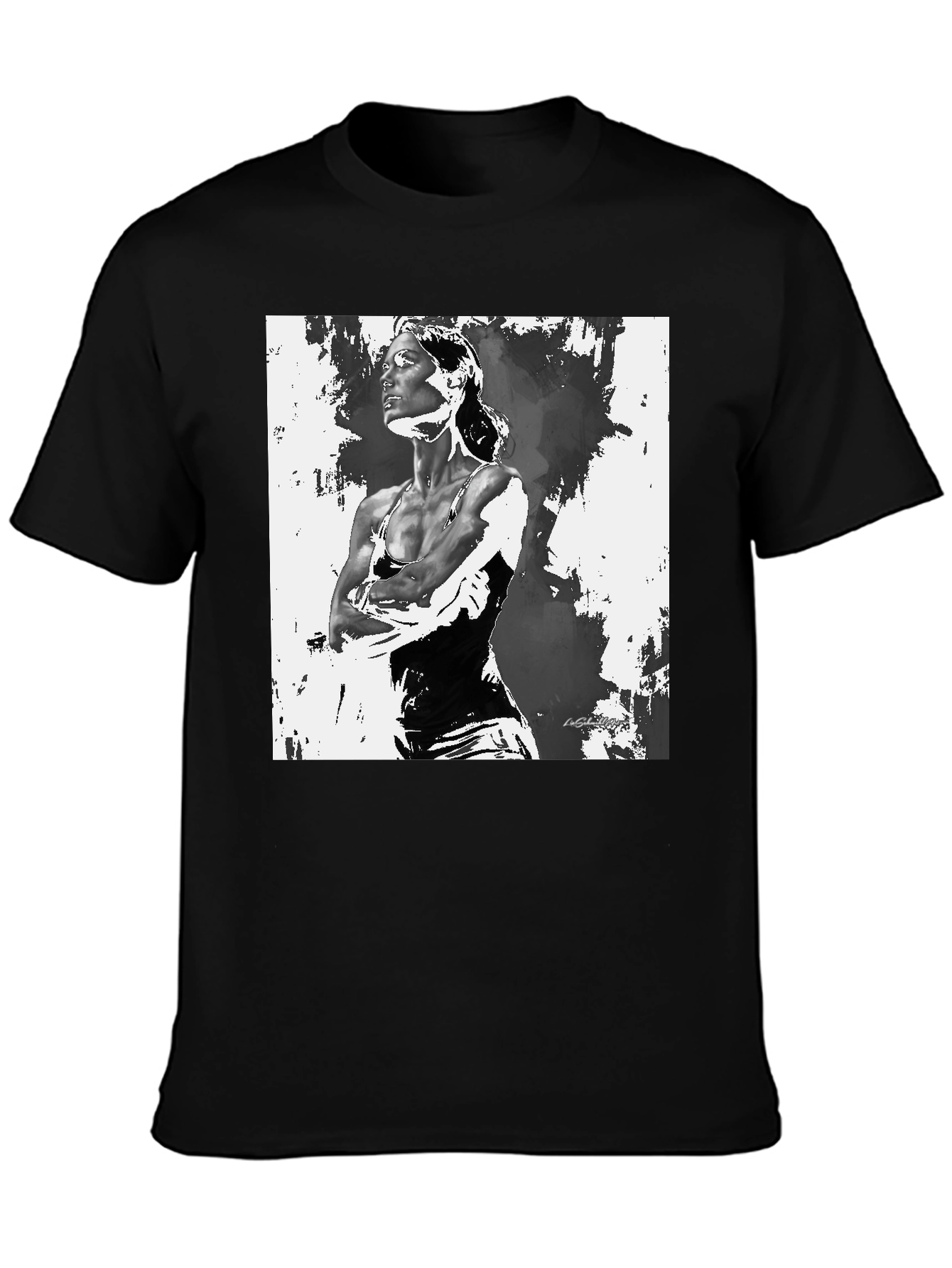 Black T-Shirt with Artistic Woman Graphic