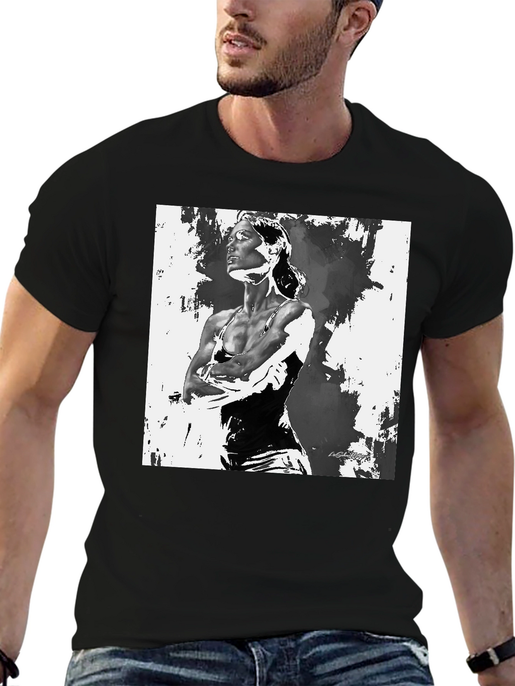 Black T-Shirt with Artistic Woman Graphic