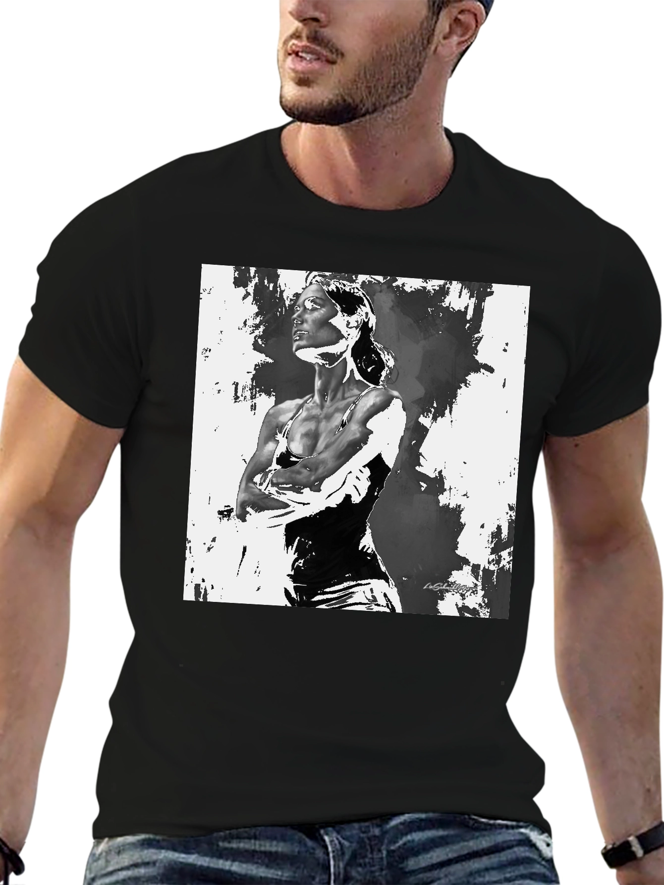 Black T-Shirt with Artistic Woman Graphic