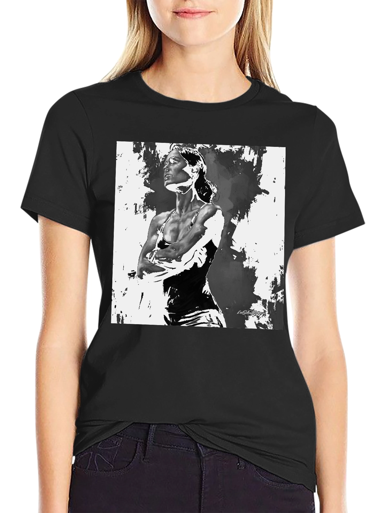 Black T-Shirt with Artistic Woman Graphic