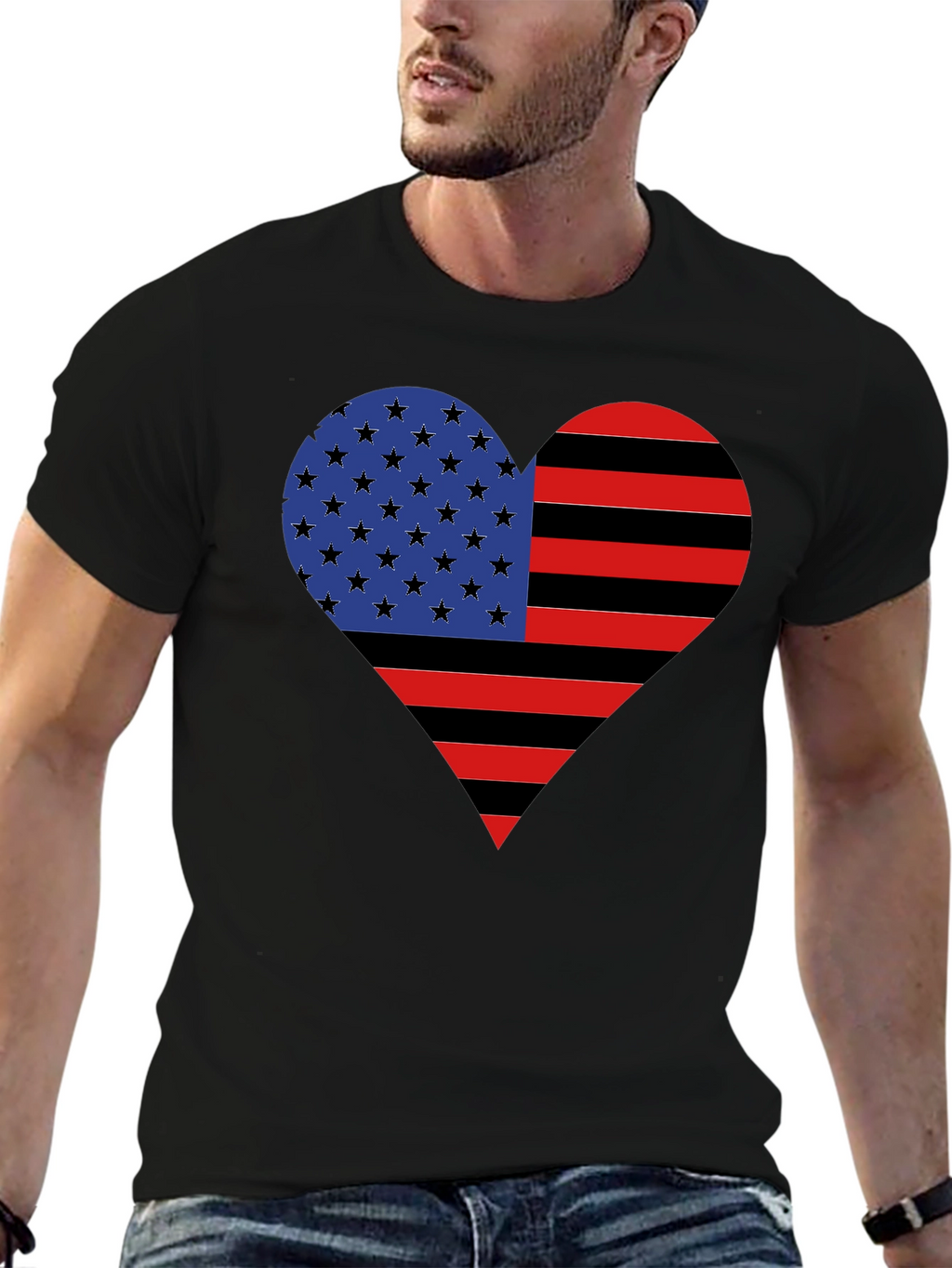 American Flag Heart Graphic Tee - Black Casual Shirt
