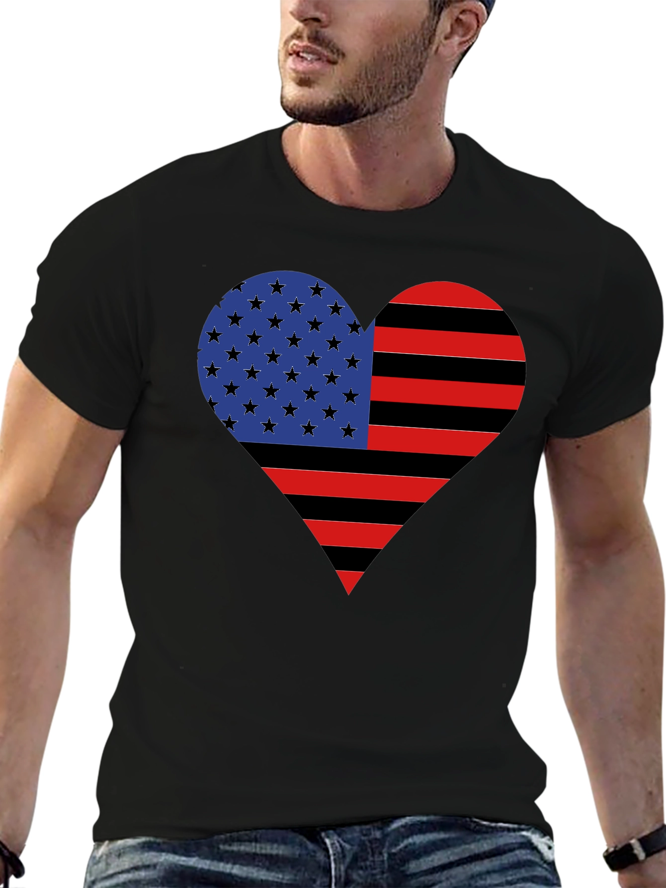 American Flag Heart Graphic Tee - Black Casual Shirt