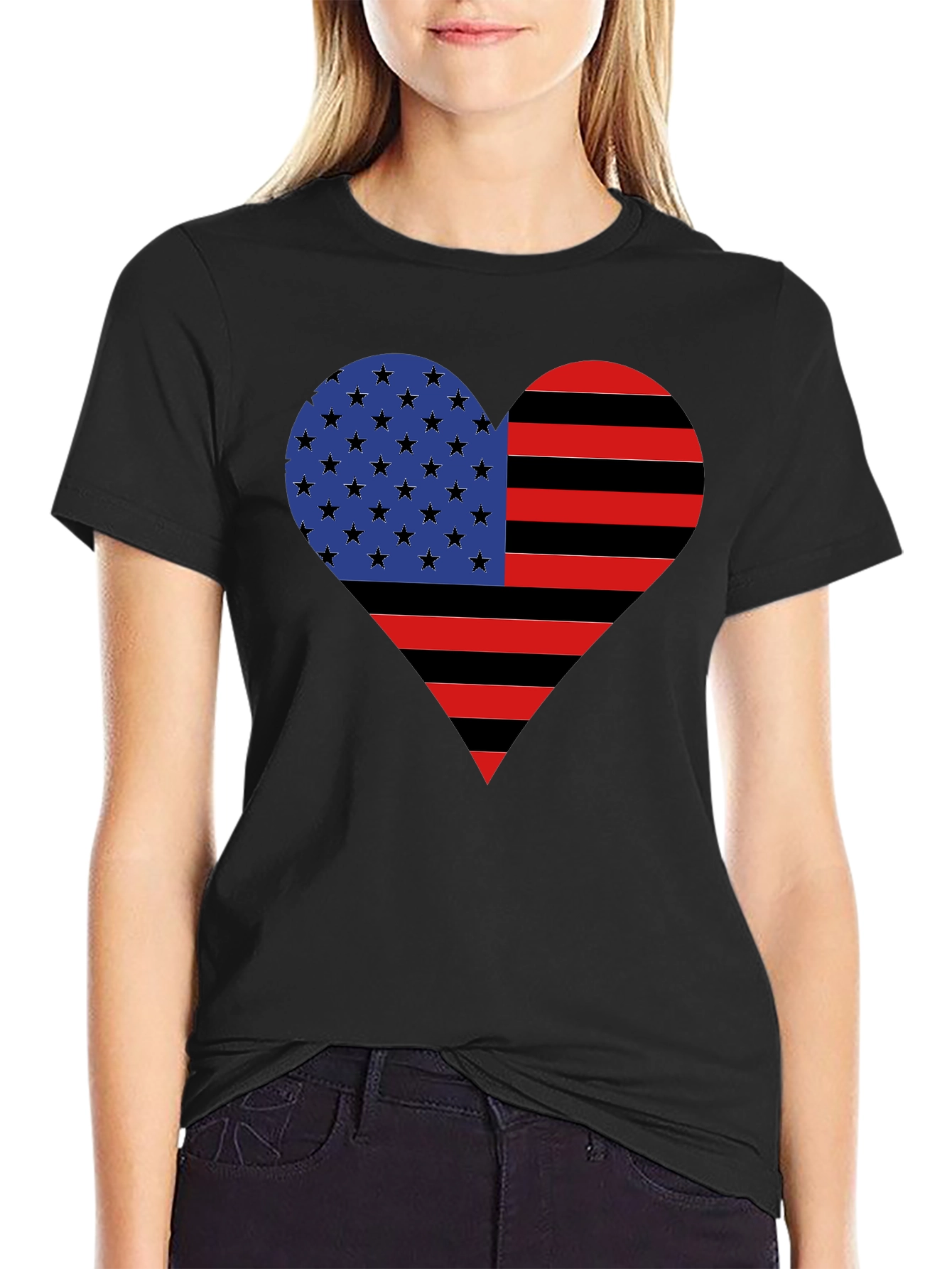 American Flag Heart Graphic Tee - Black Casual Shirt
