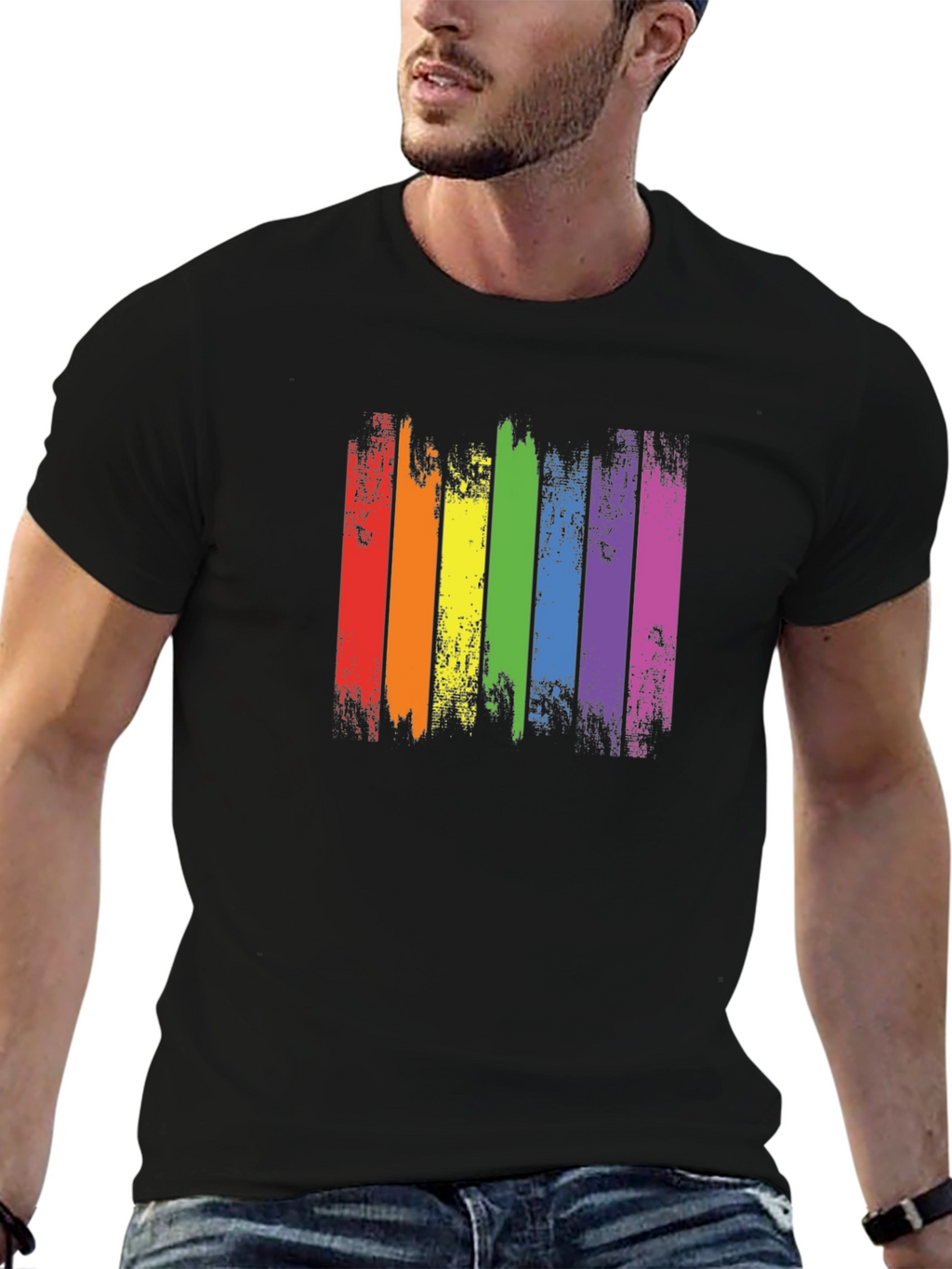 Distressed Rainbow Pride Graphic Tee - Black Cotton T-Shirt