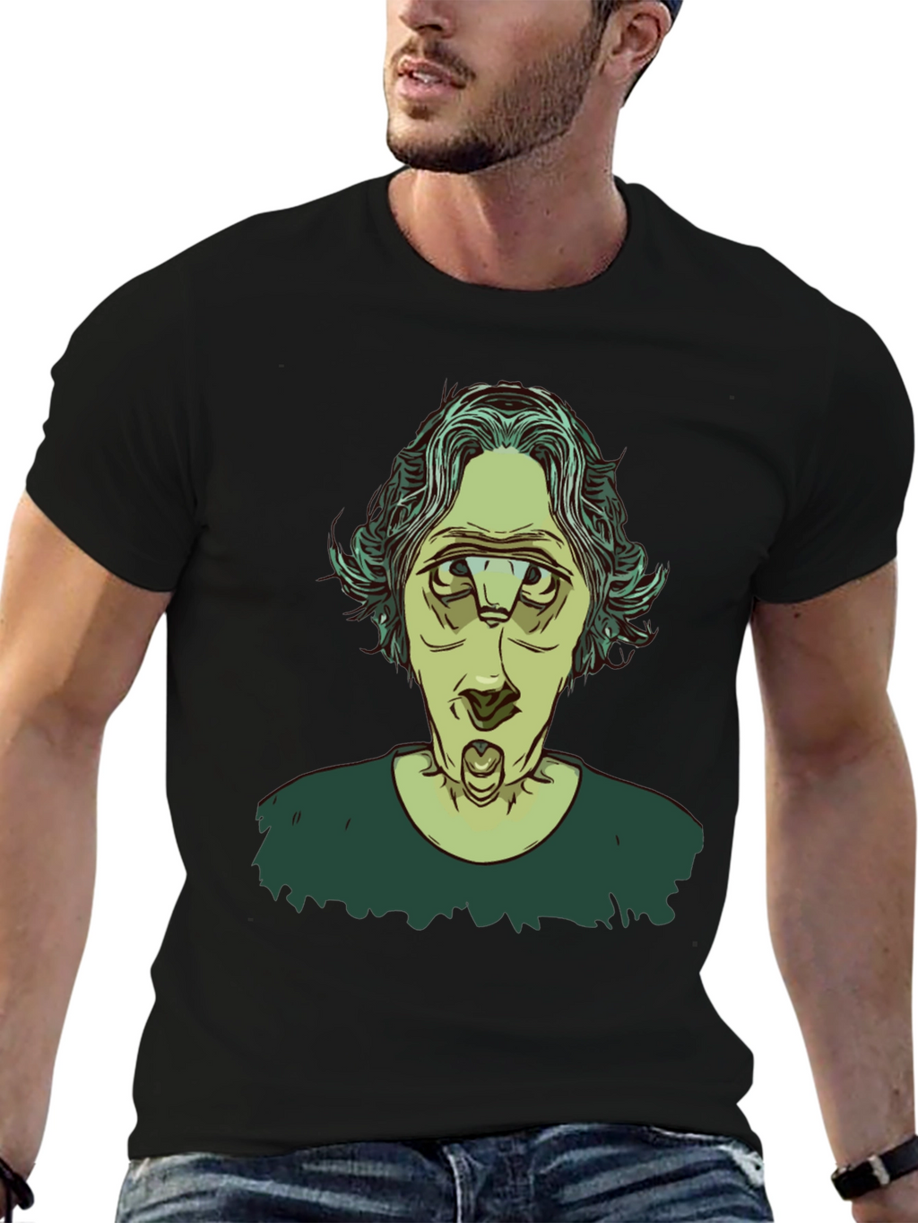 Unique Three-Eyed Character Black Graphic T-Shirt