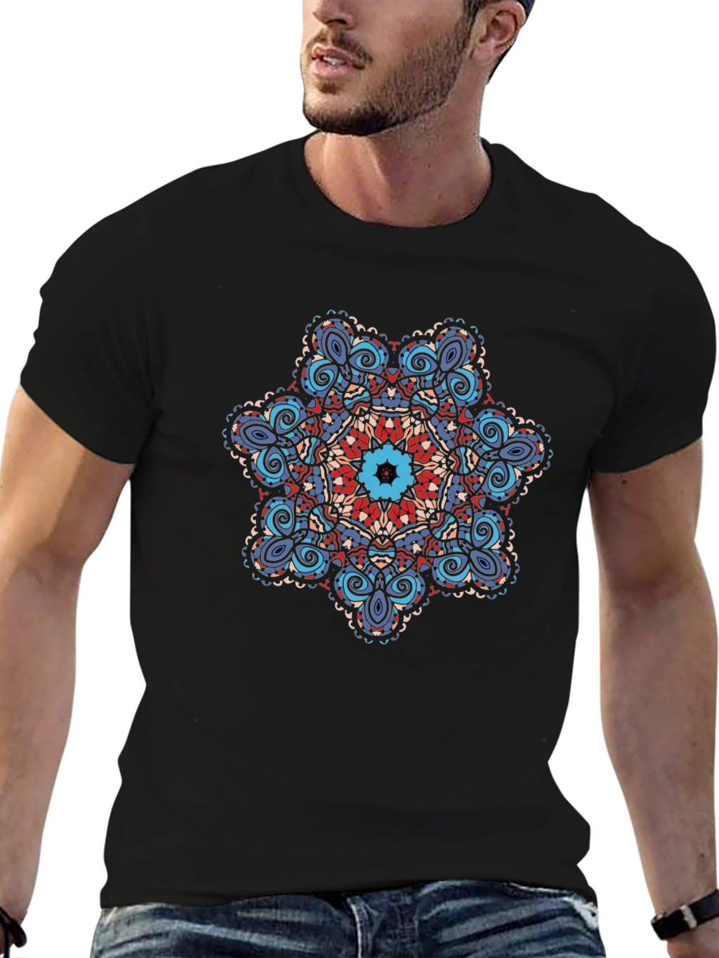 Geometric Mandala Graphic Tee - Black Cotton Blend