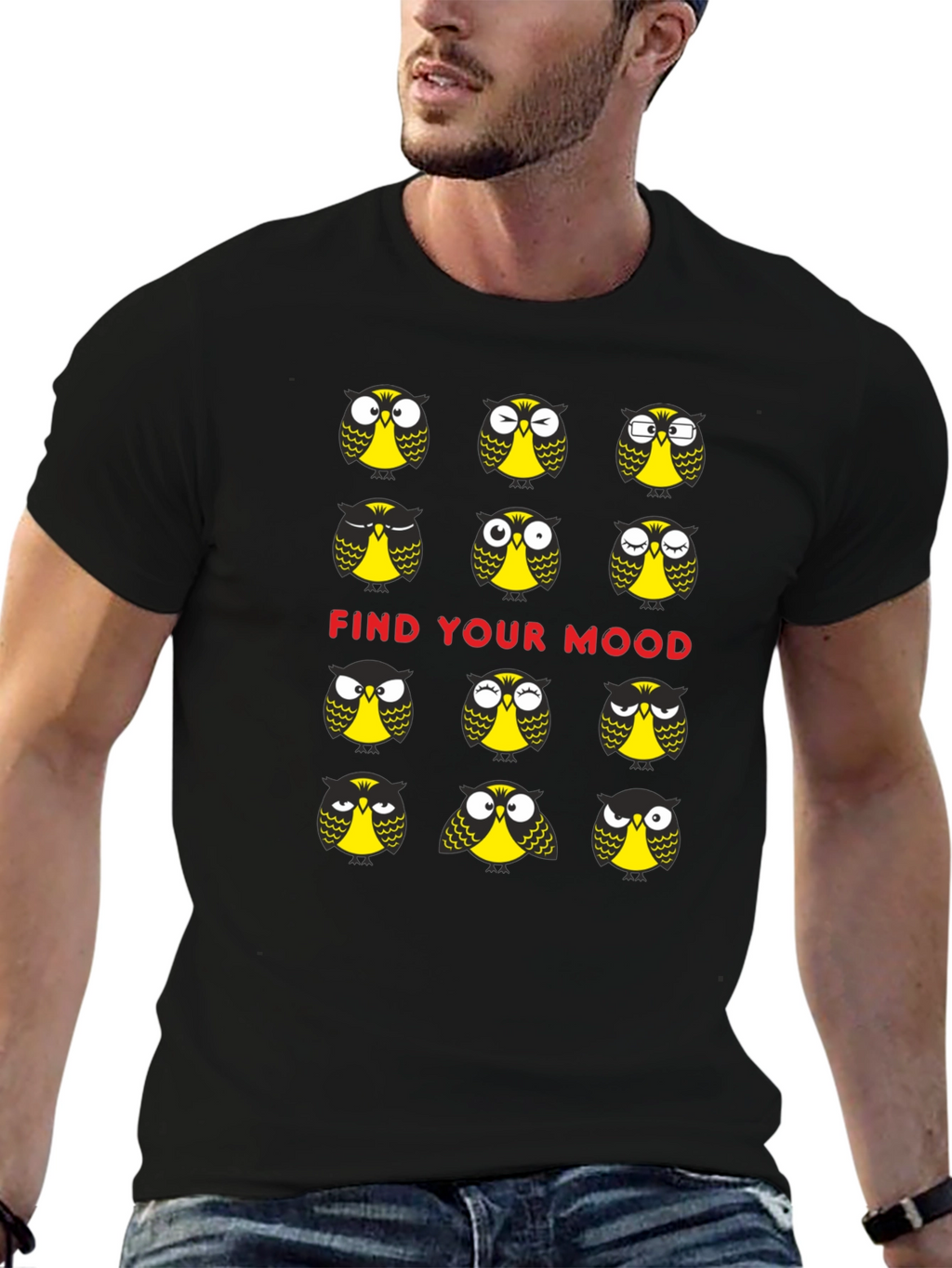 Funny Owl Mood T-Shirt - Black Cotton Graphic Tee