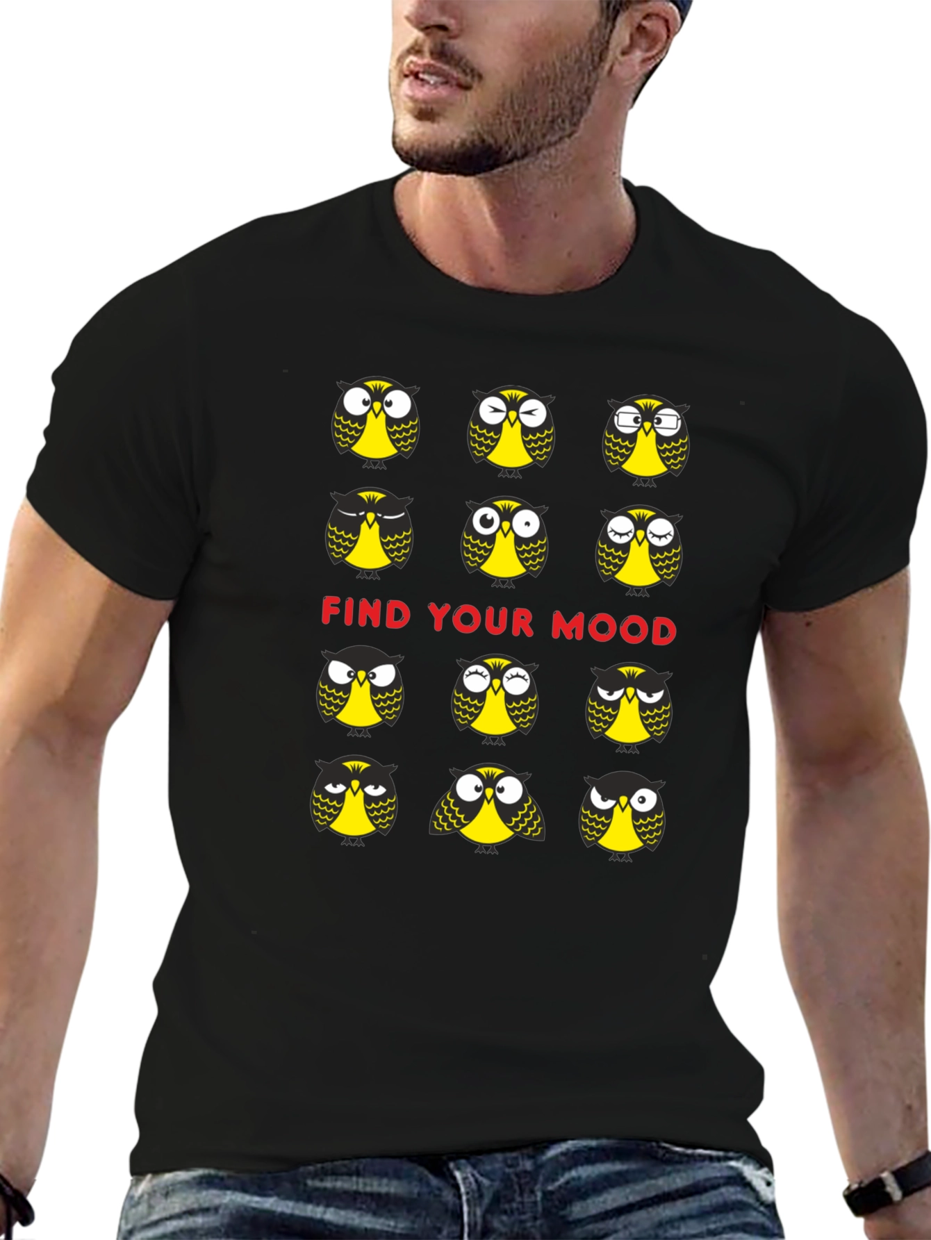 Funny Owl Mood T-Shirt - Black Cotton Graphic Tee
