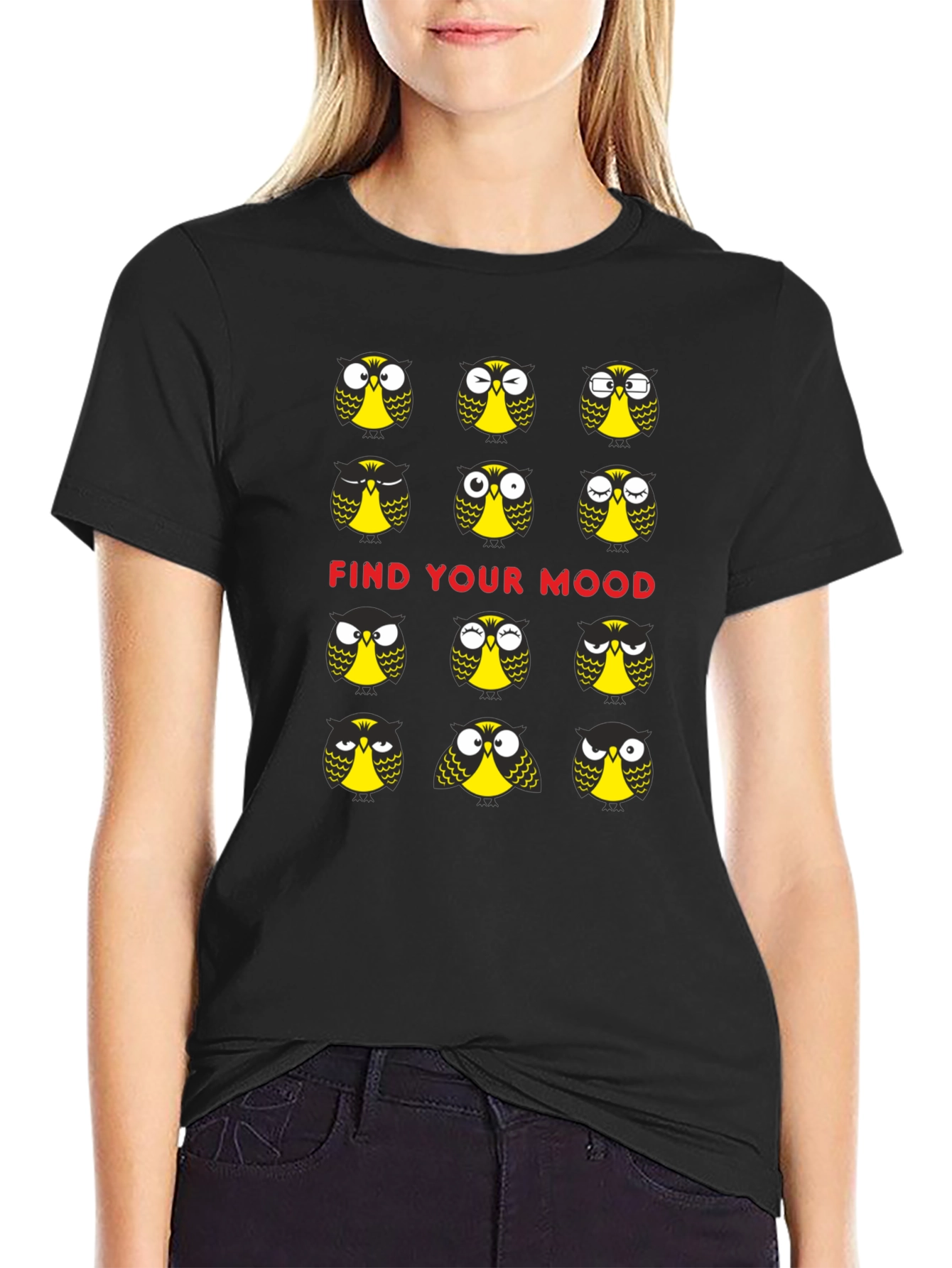 Funny Owl Mood T-Shirt - Black Cotton Graphic Tee