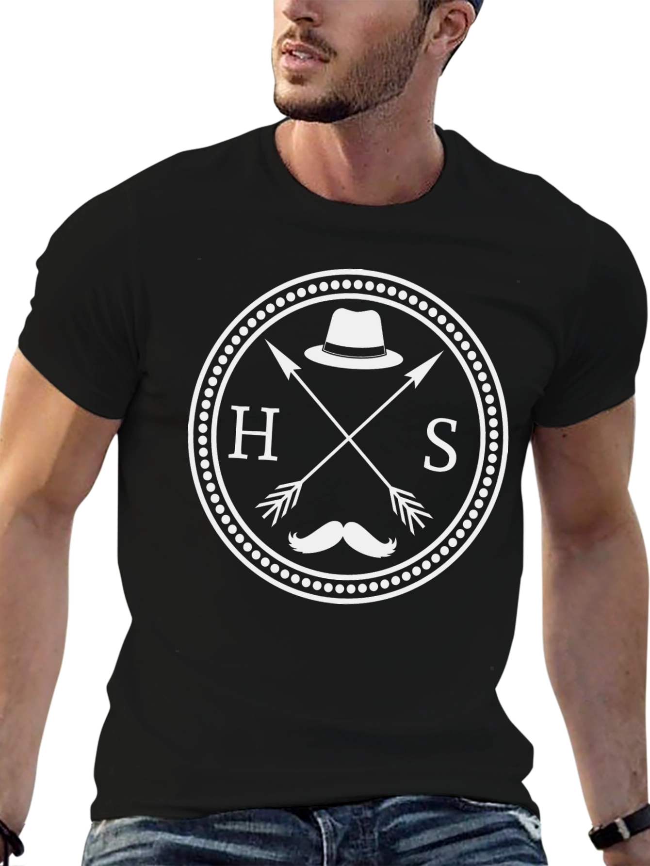 Hipster Style Graphic Tee - Crossed Arrows Hat Mustache