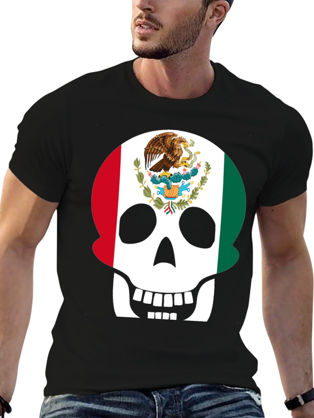 Mexican Flag Skull Graphic T-Shirt - Black
