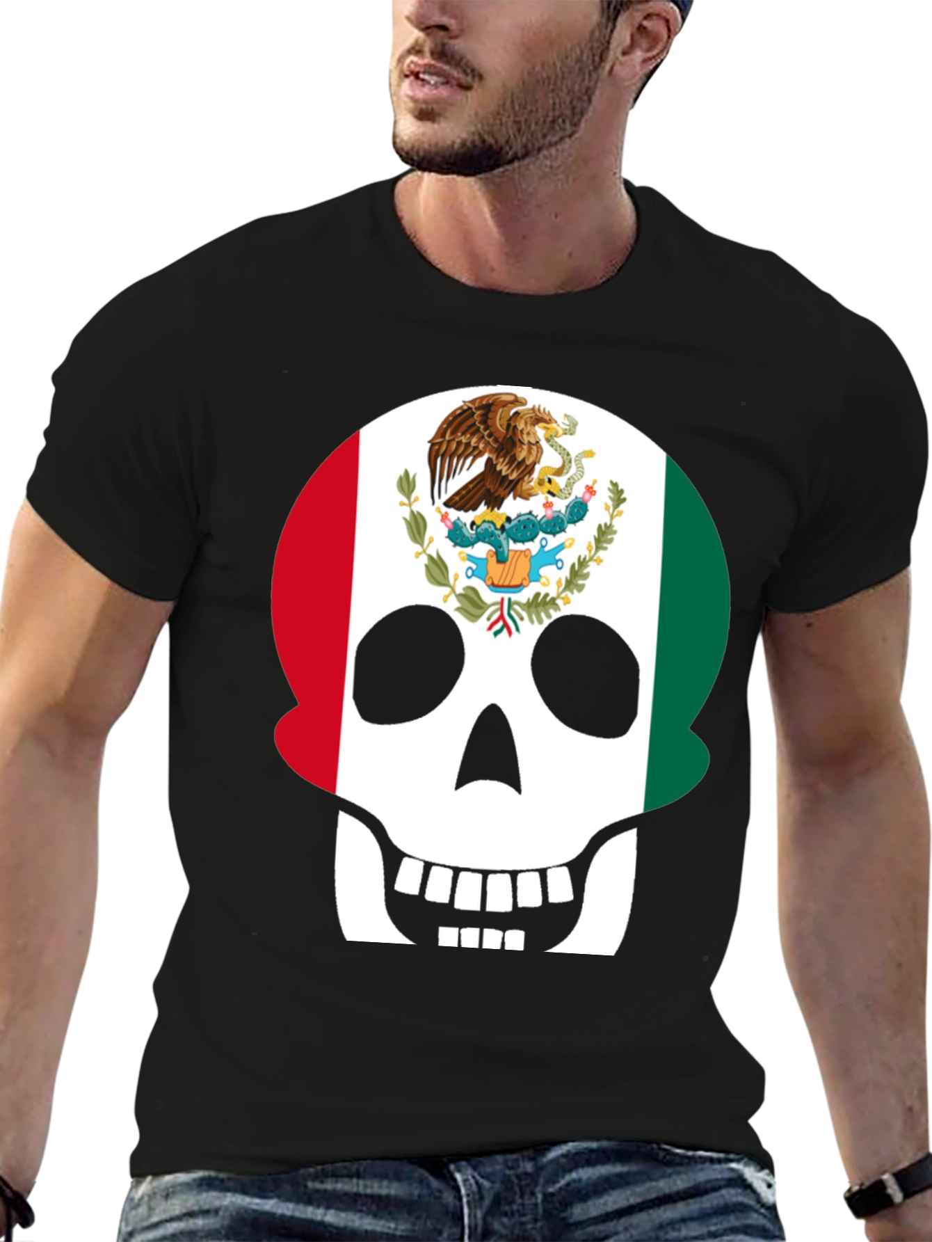 Mexican Flag Skull Graphic T-Shirt - Black