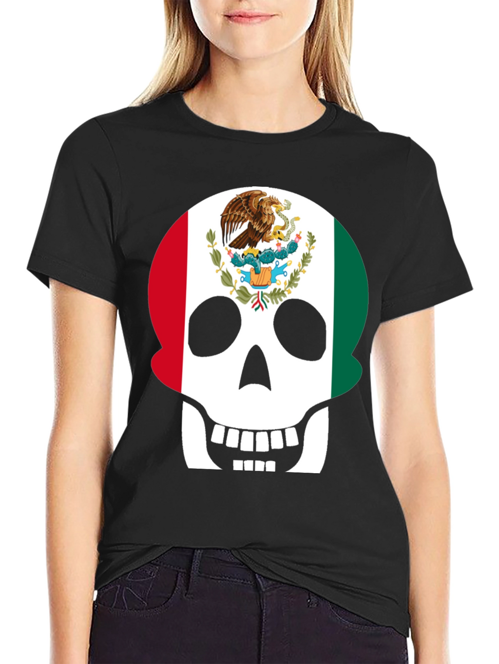 Mexican Flag Skull Graphic T-Shirt - Black