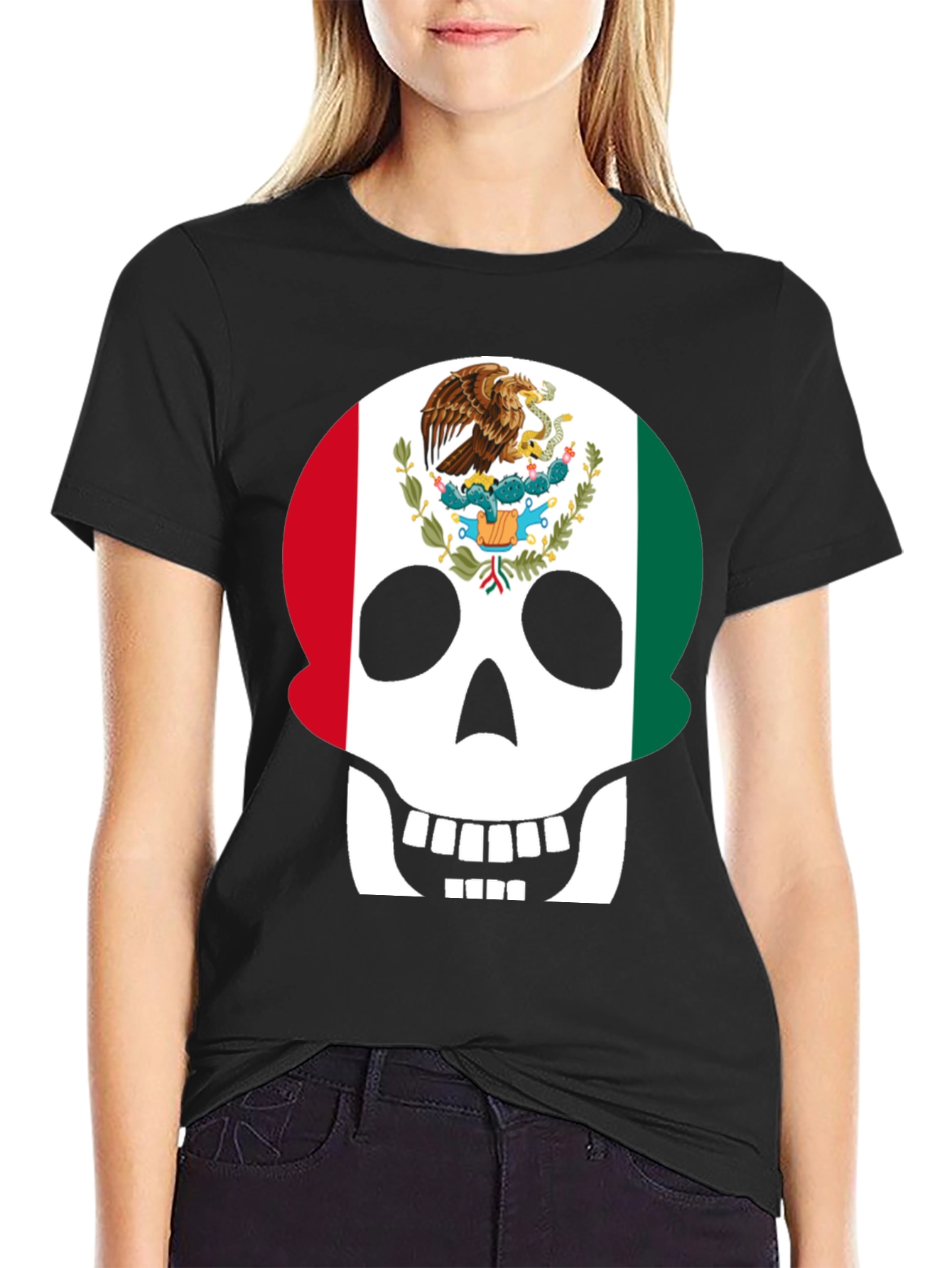 Mexican Flag Skull Graphic T-Shirt - Black
