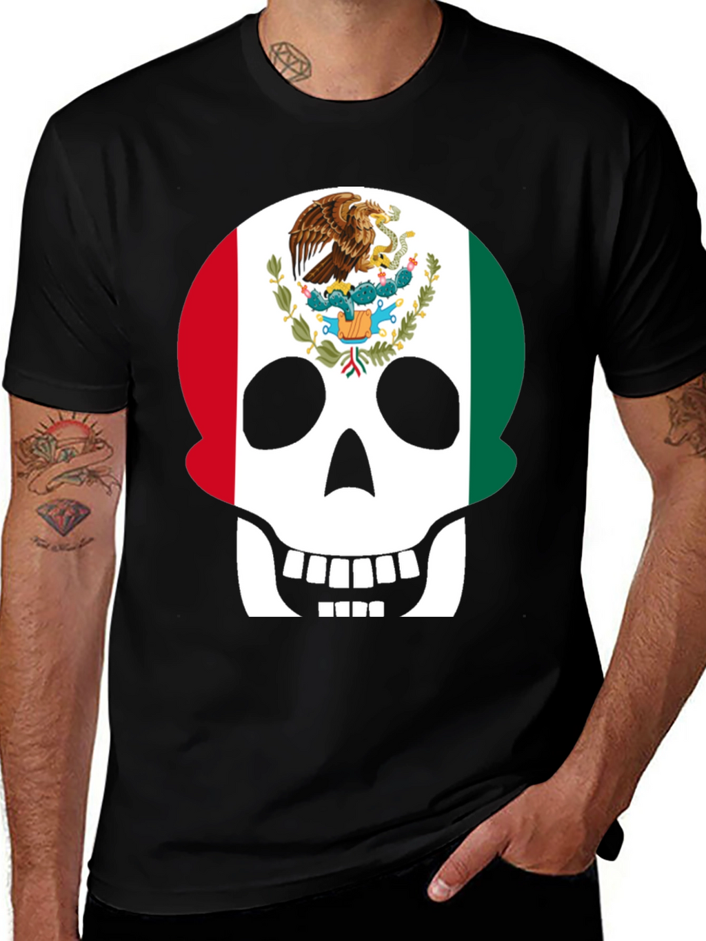 Mexican Flag Skull Graphic T-Shirt - Black
