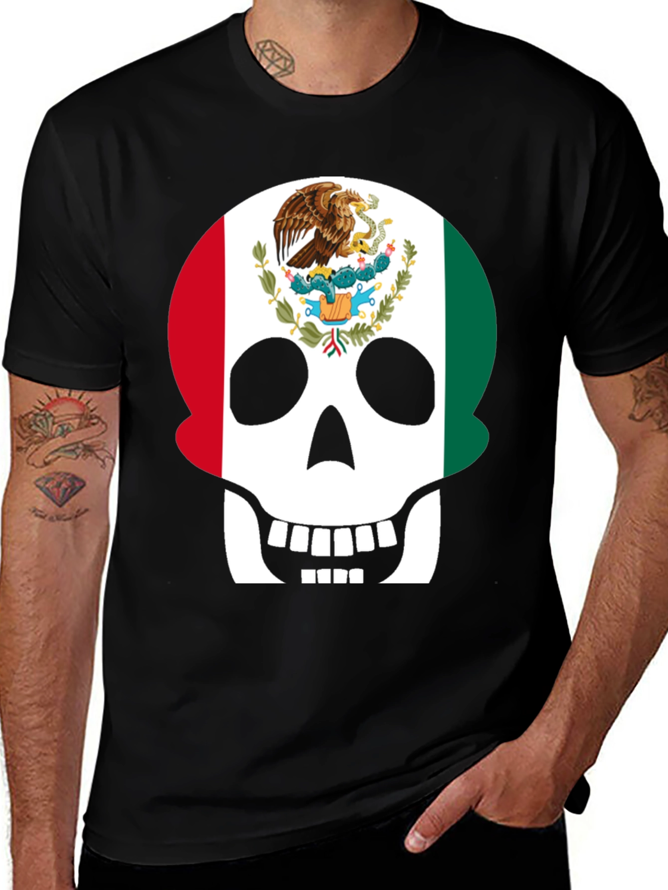Mexican Flag Skull Graphic T-Shirt - Black