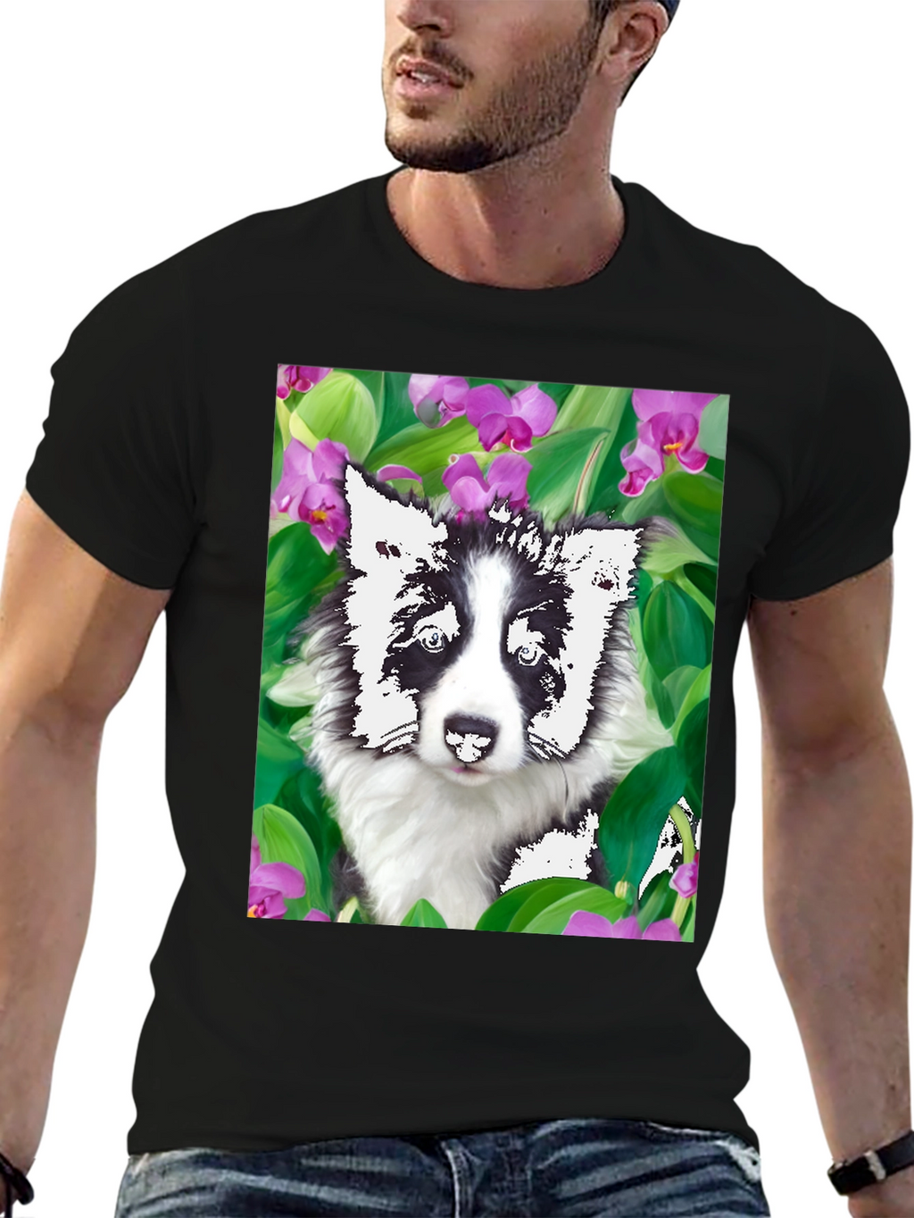 Dog & Flower Graphic Tee - Black T-Shirt