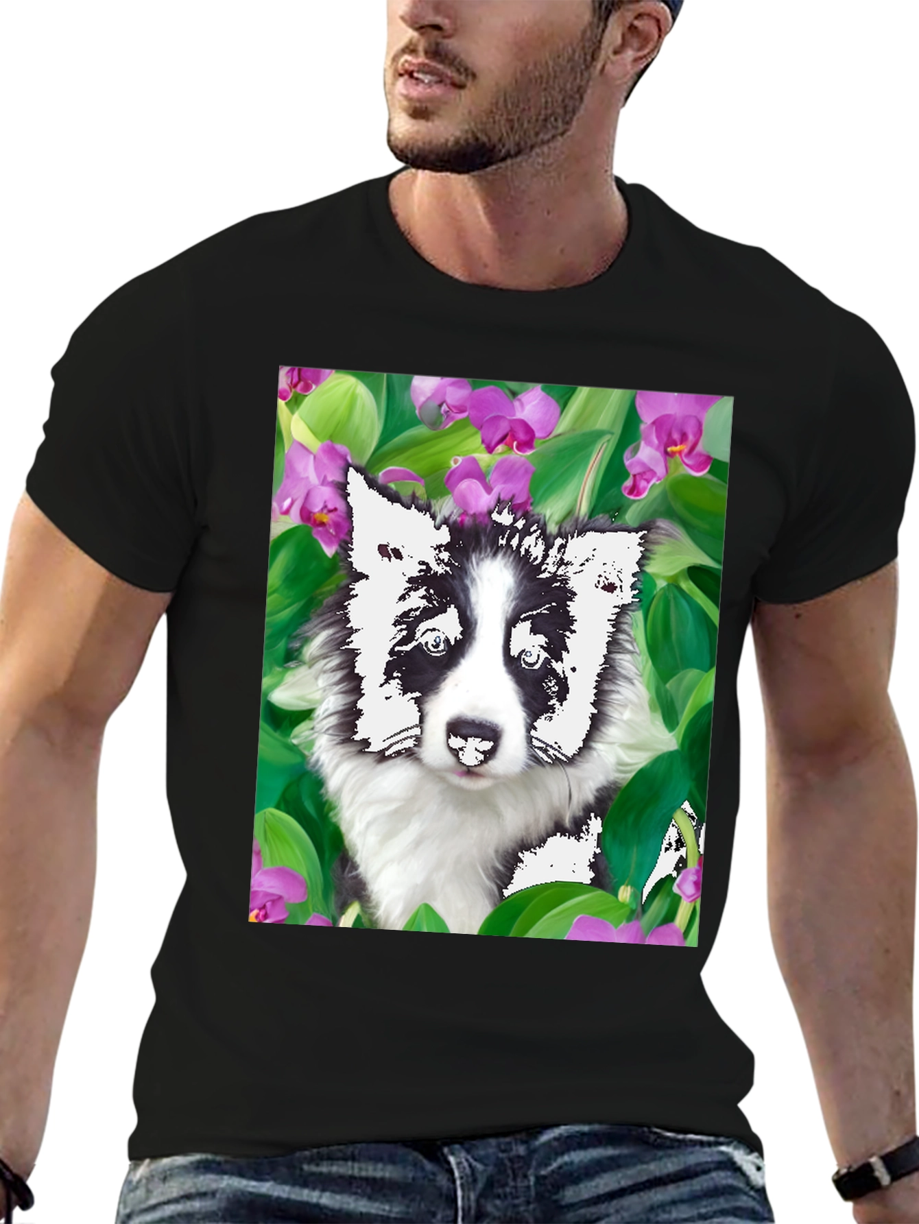 Dog & Flower Graphic Tee - Black T-Shirt