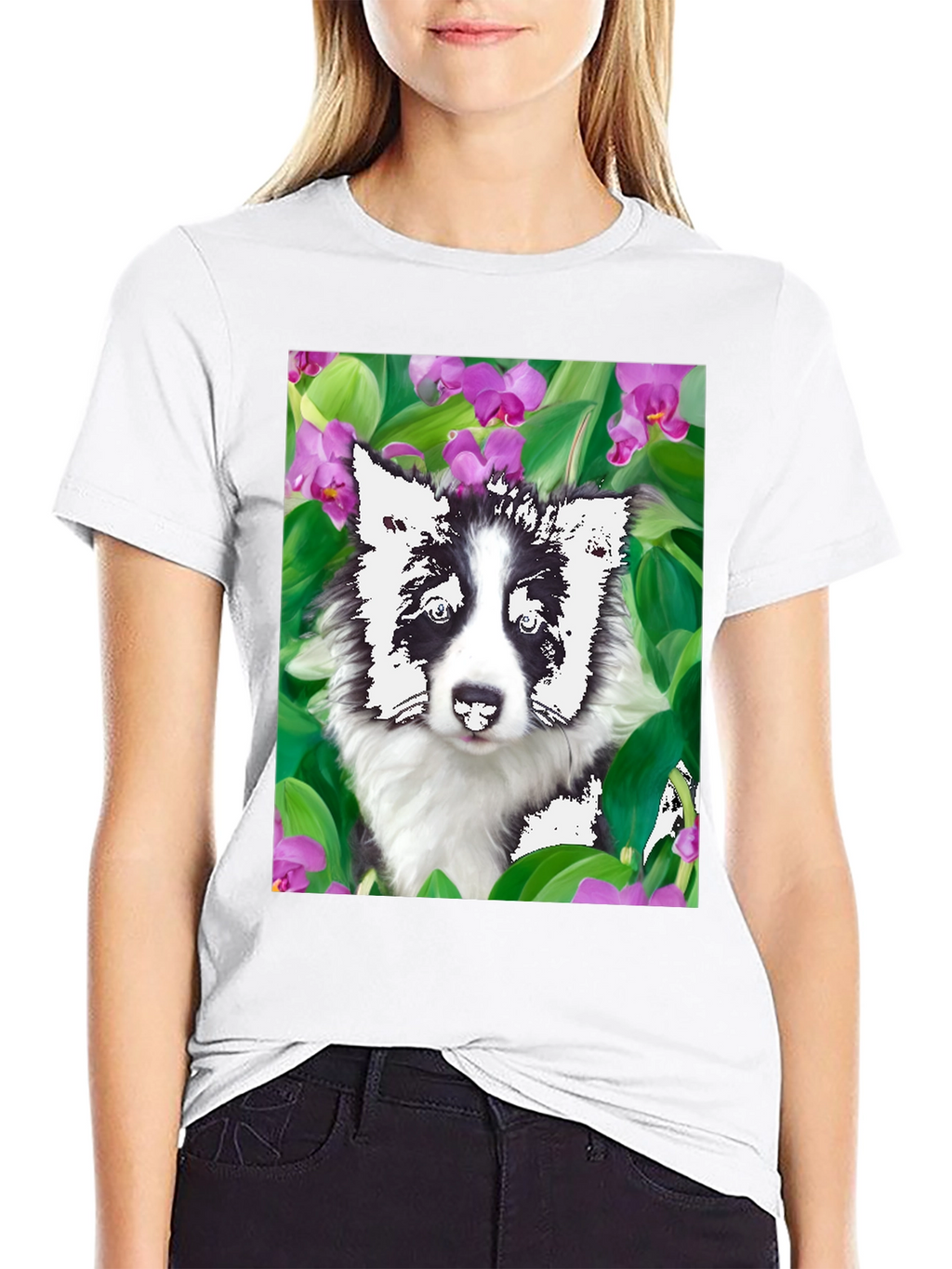 Dog & Flower Graphic Tee - Black T-Shirt