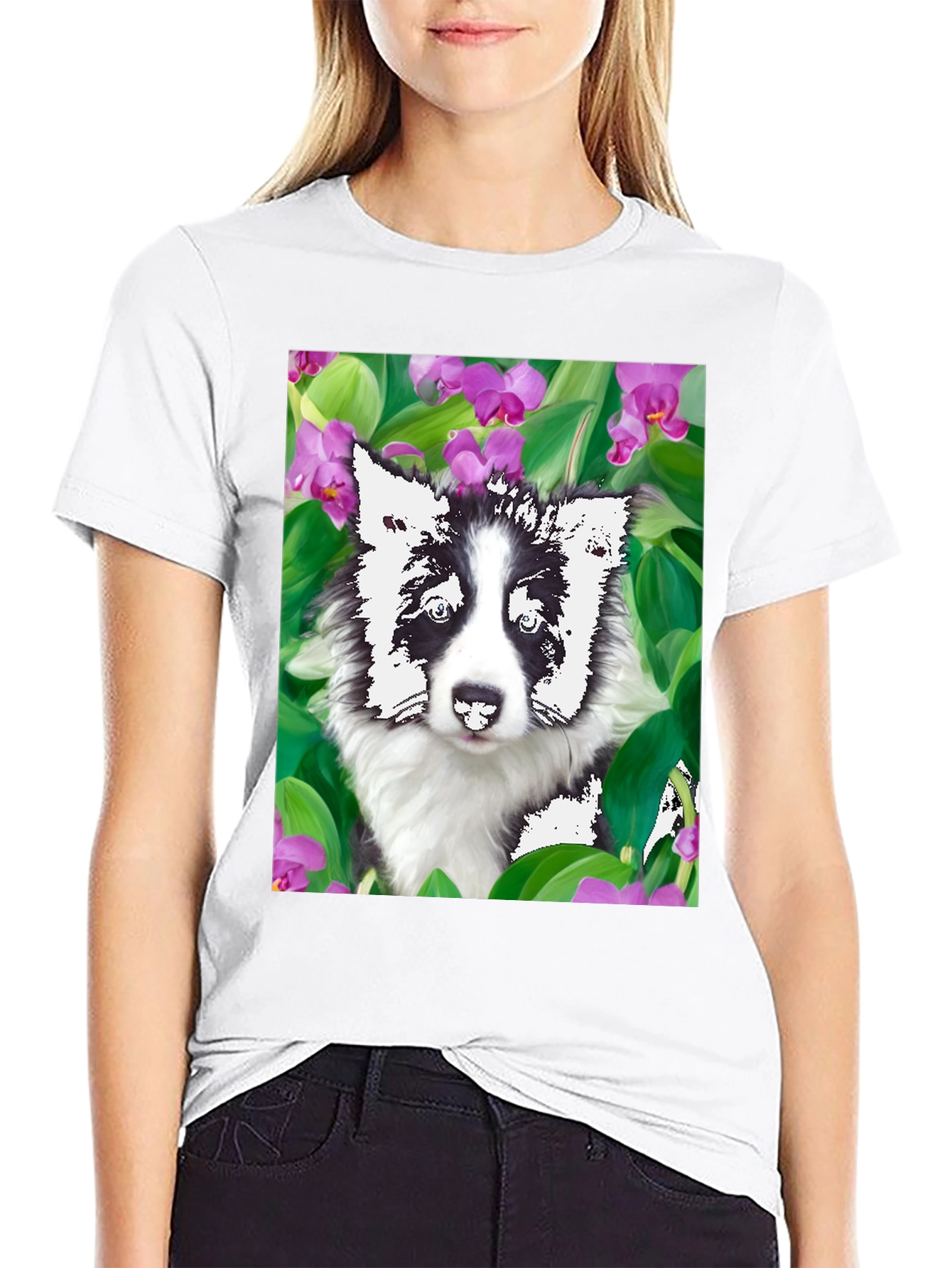 Dog & Flower Graphic Tee - Black T-Shirt